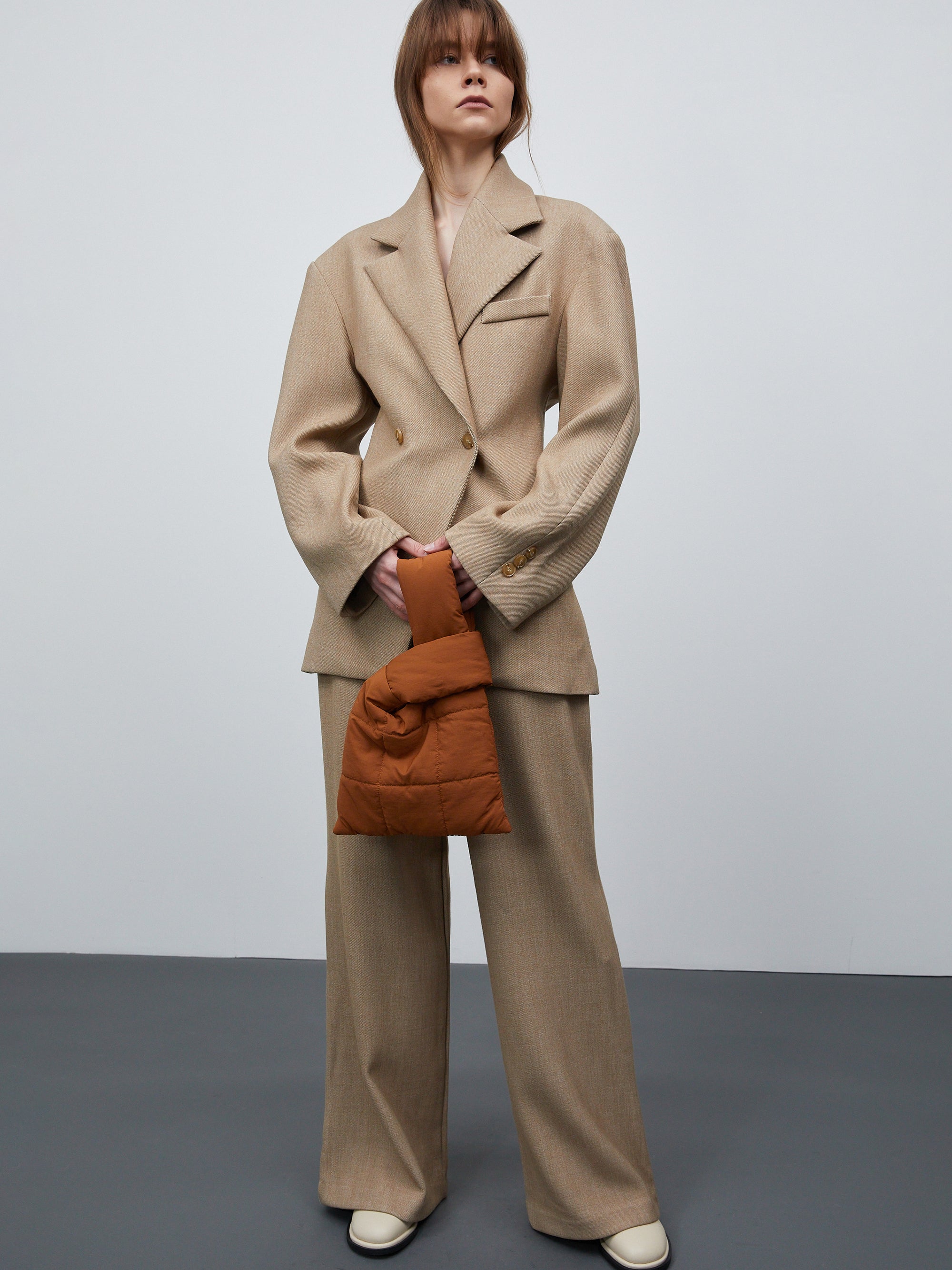 Double Breasted Cinched Blazer, Tan Beige