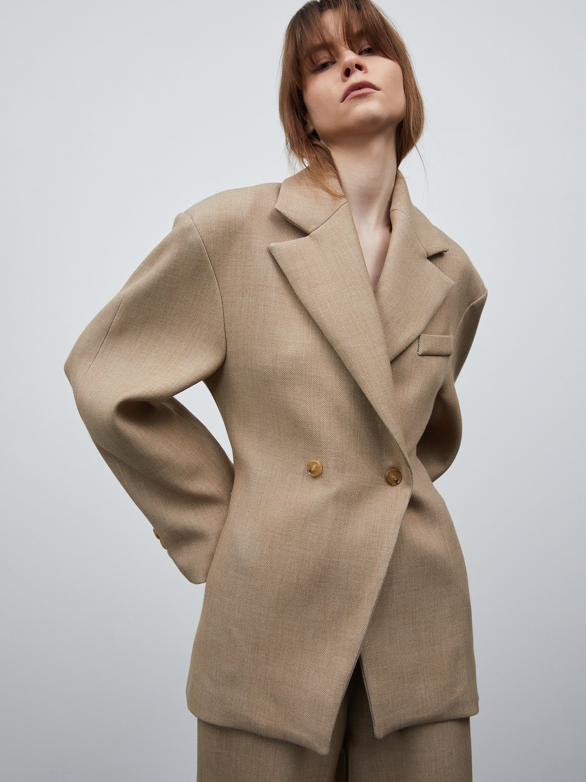 Double Breasted Cinched Blazer, Tan Beige