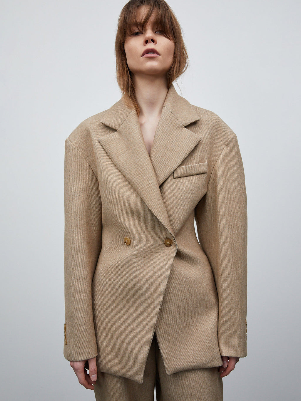 Double Breasted Cinched Blazer, Tan Beige
