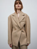 Double Breasted Cinched Blazer, Tan Beige