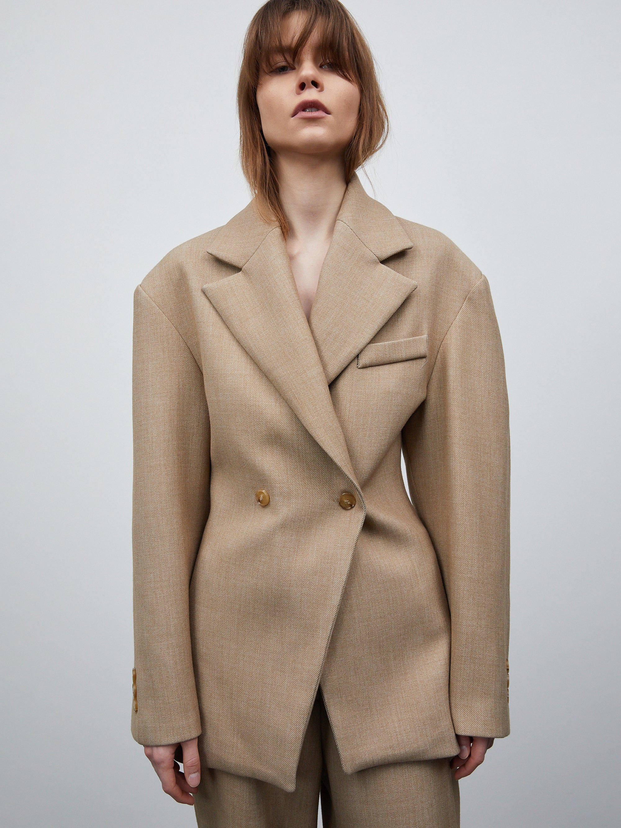 Double Breasted Cinched Blazer, Tan Beige
