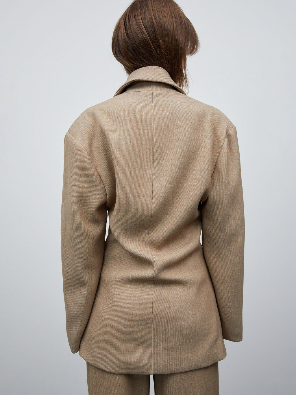 Double Breasted Cinched Blazer, Tan Beige