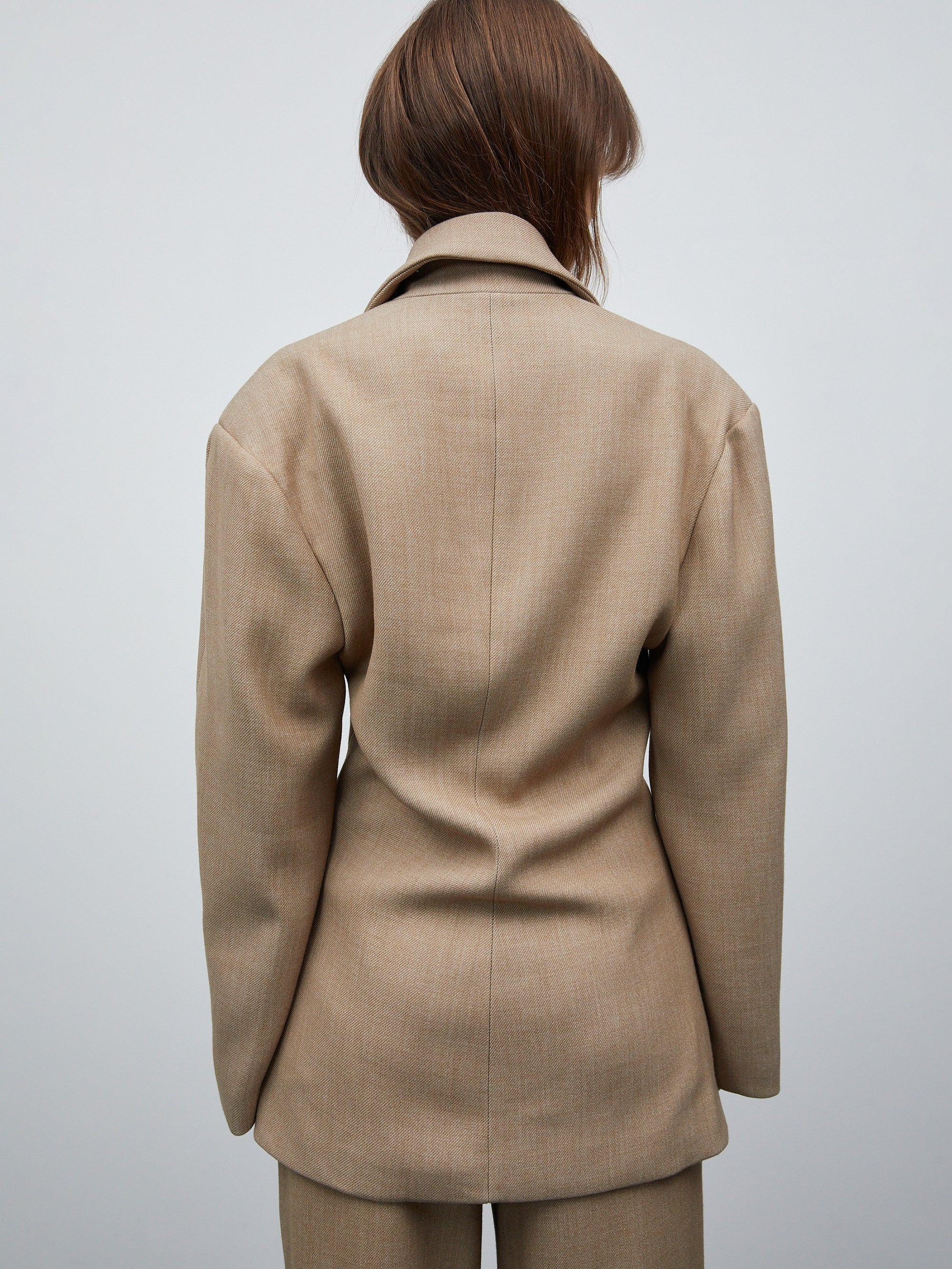 Double Breasted Cinched Blazer, Tan Beige