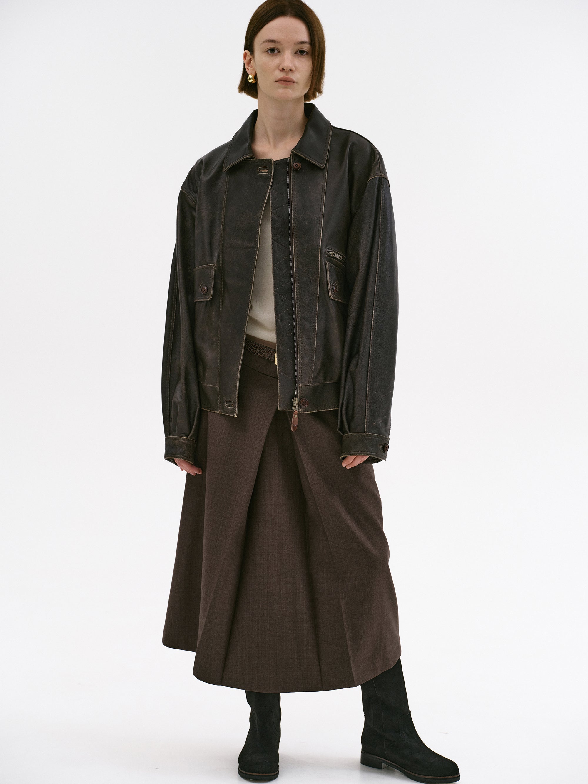 Faded Lambskin Bomber Jacket, Brown