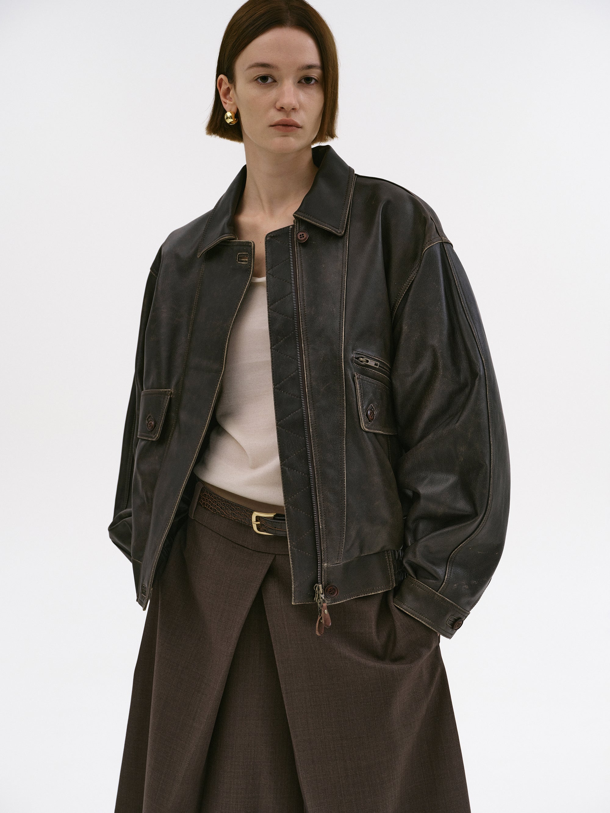 Faded Lambskin Bomber Jacket, Brown