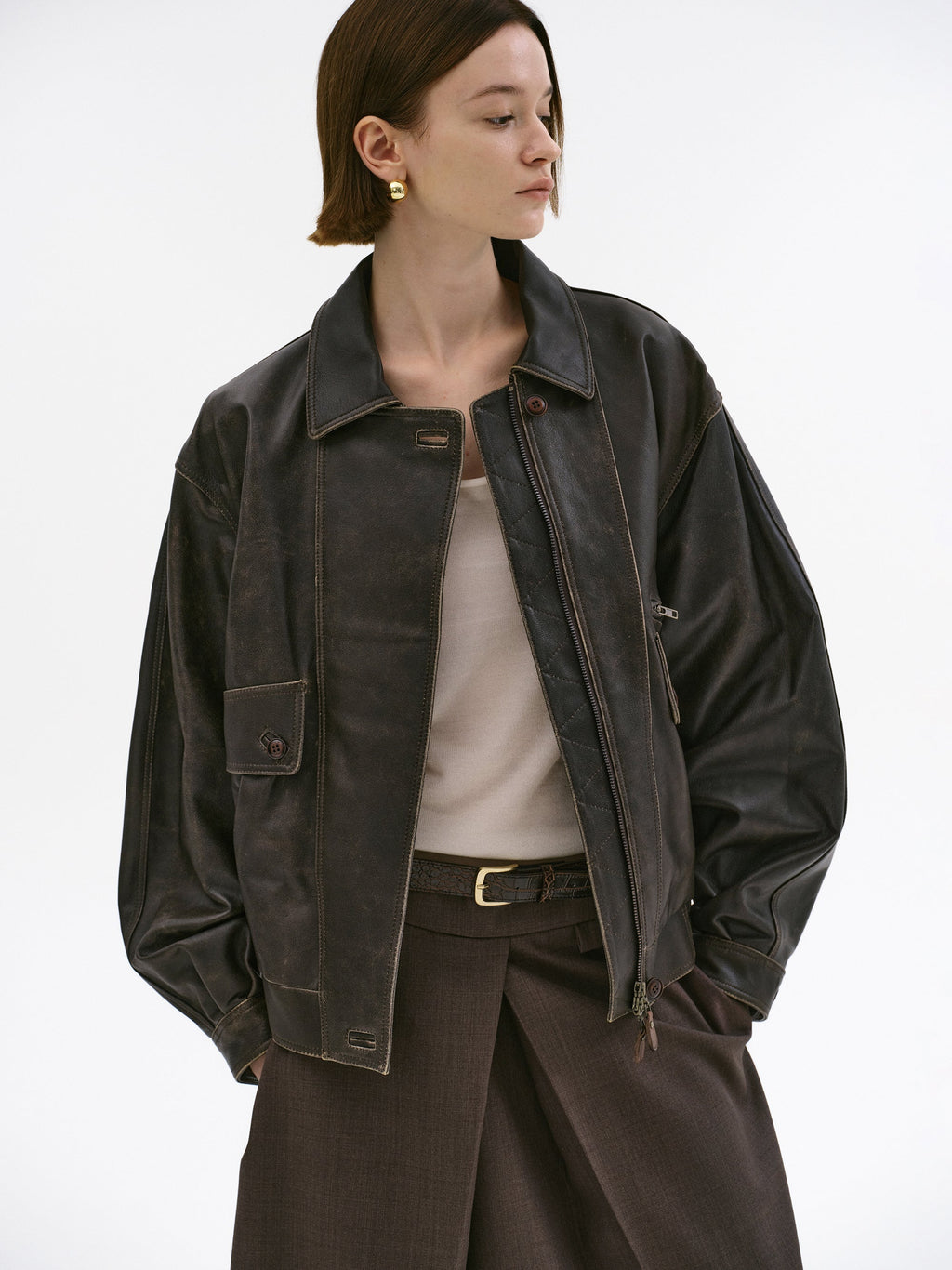 Faded Lambskin Bomber Jacket, Brown