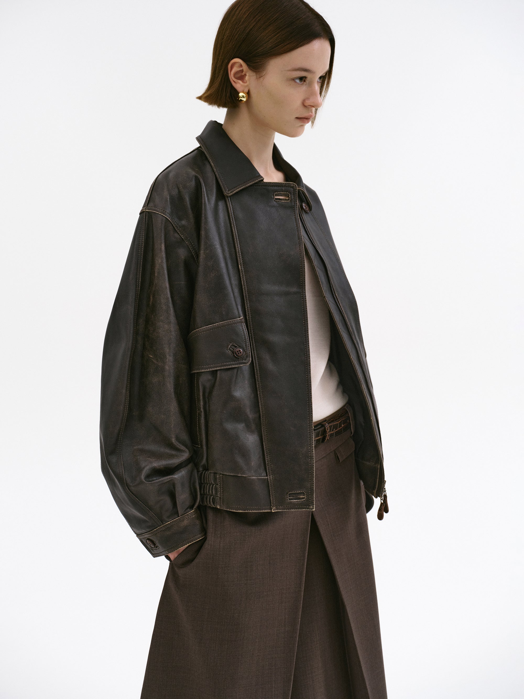Faded Lambskin Bomber Jacket, Brown