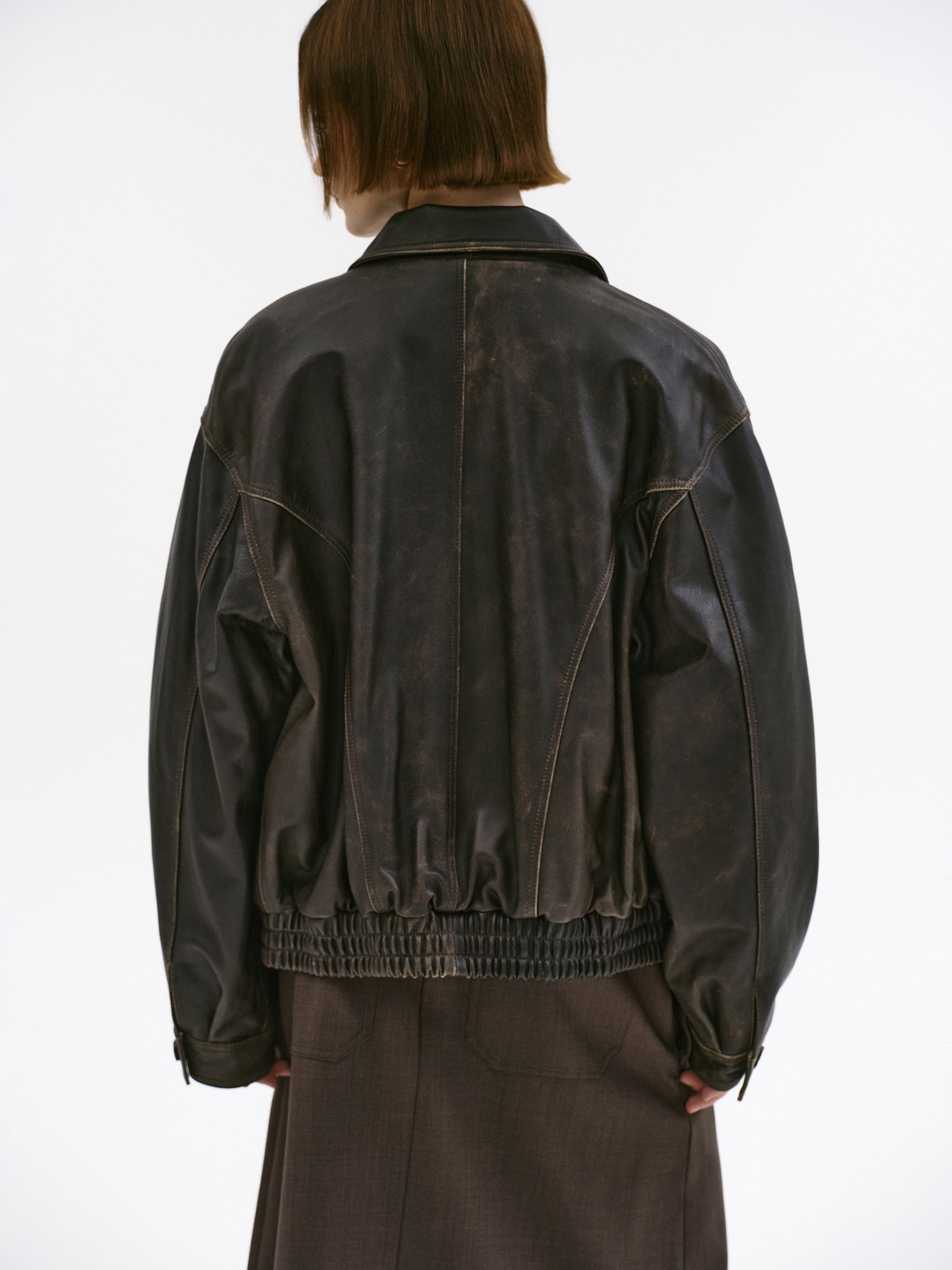 Faded Lambskin Bomber Jacket, Brown