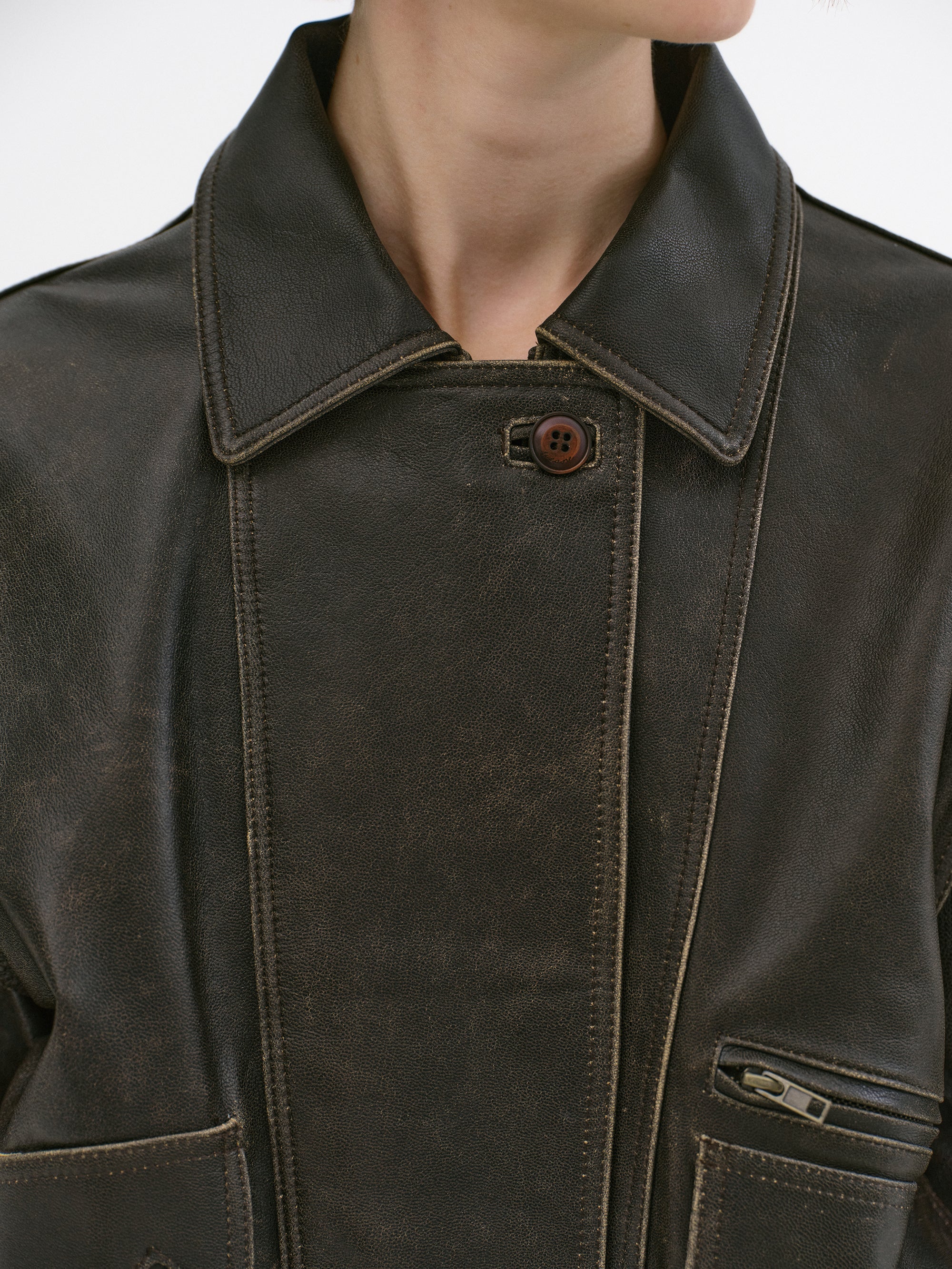 Faded Lambskin Bomber Jacket, Brown