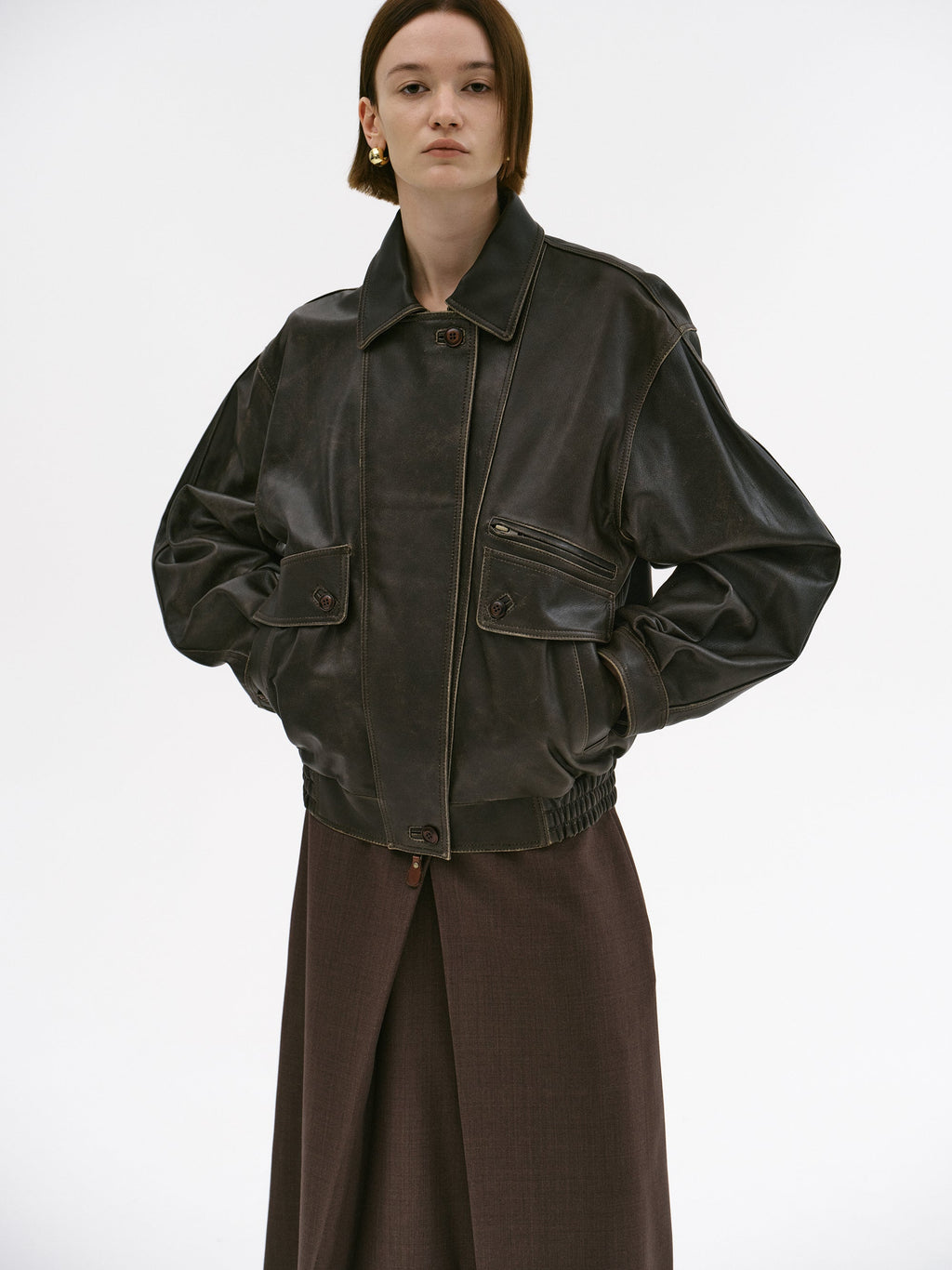 Faded Lambskin Bomber Jacket, Brown