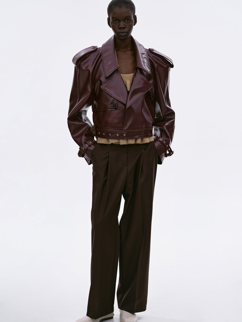 Buckled Faux-Leather Cropped Jacket, Burgundy