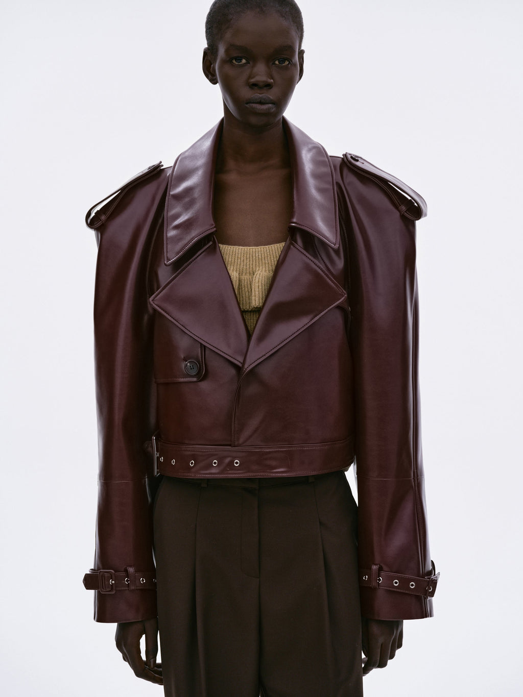 Buckled Faux-Leather Cropped Jacket, Burgundy