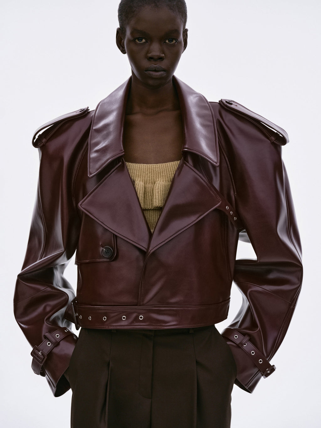 Buckled Faux-Leather Cropped Jacket, Burgundy