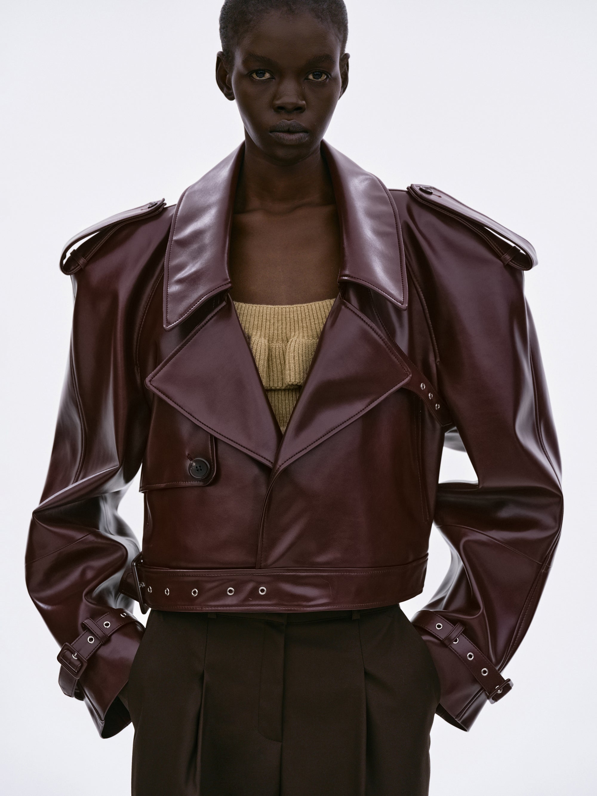 Buckled Faux-Leather Cropped Jacket, Burgundy
