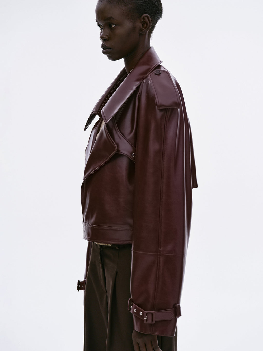 Buckled Faux-Leather Cropped Jacket, Burgundy