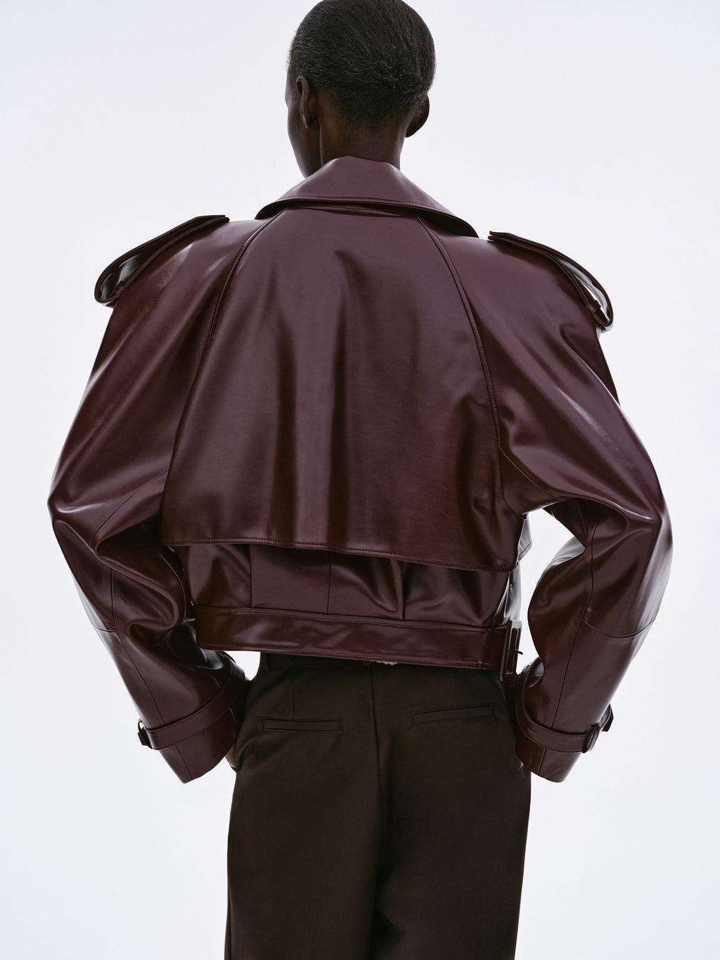 Buckled Faux-Leather Cropped Jacket, Burgundy
