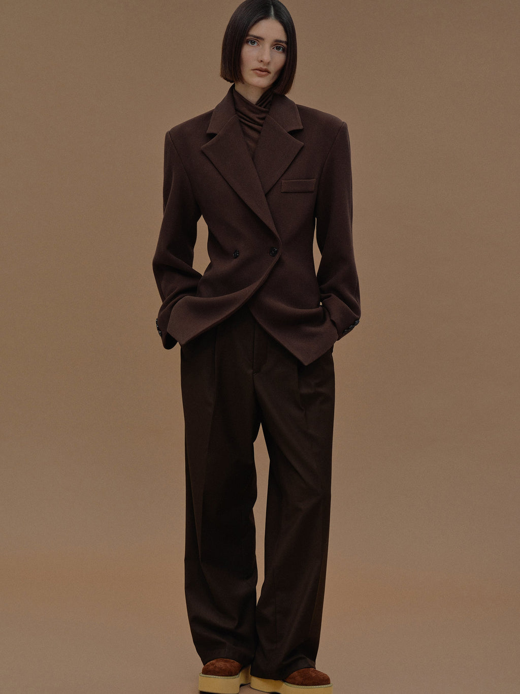 Double Breasted Cinched Blazer, Pecan
