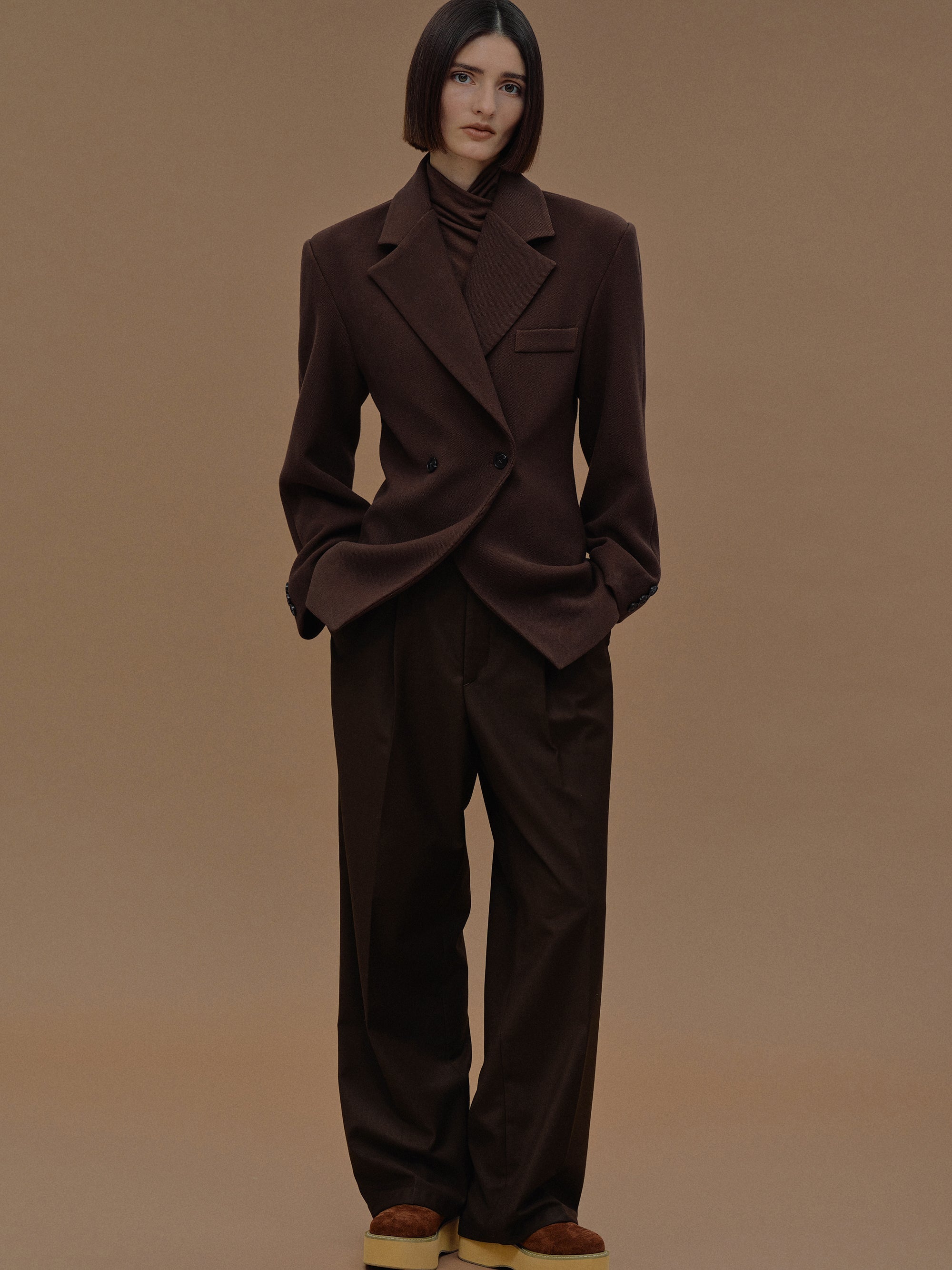 Double Breasted Cinched Blazer, Pecan