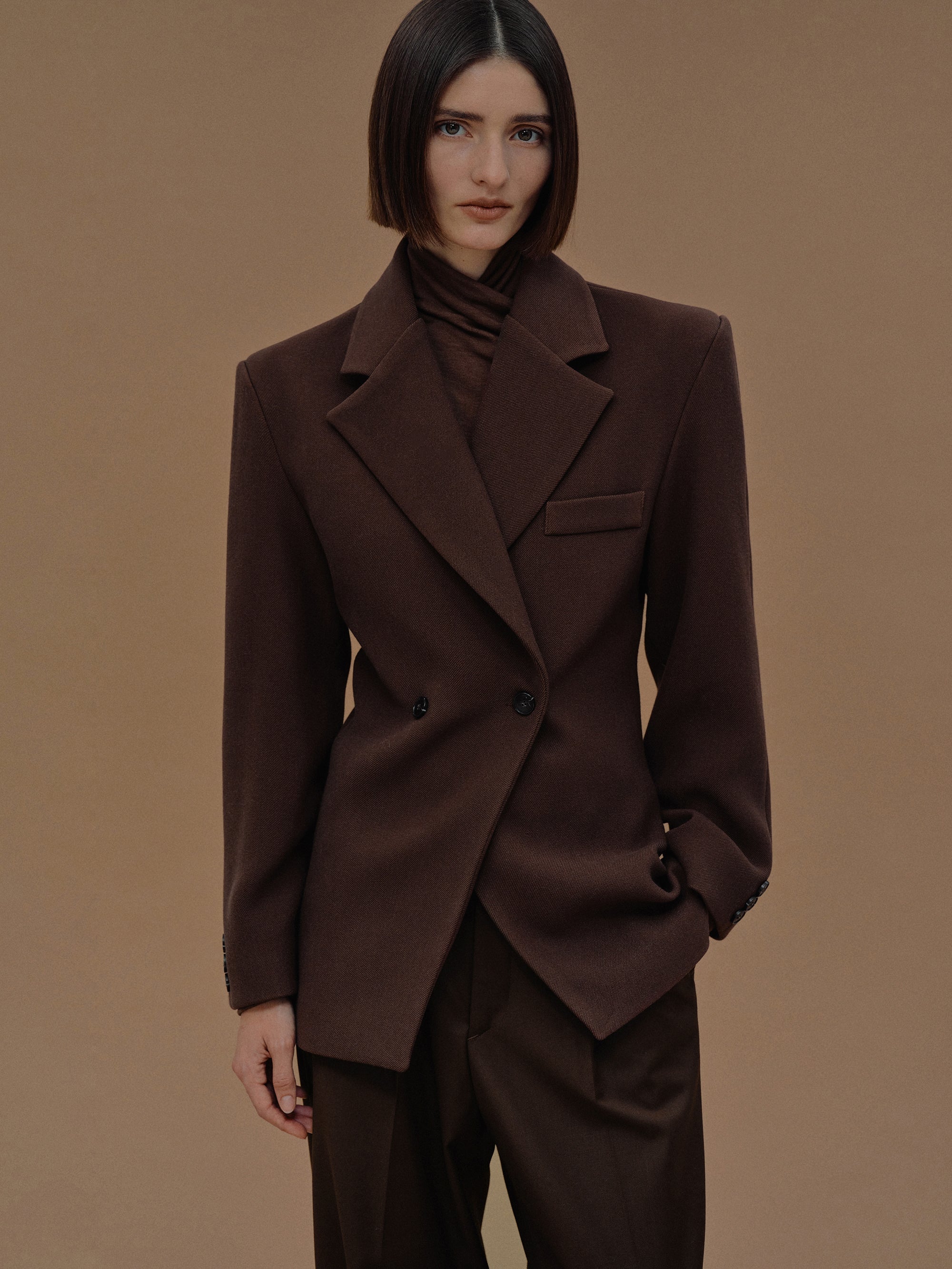 Double Breasted Cinched Blazer, Pecan