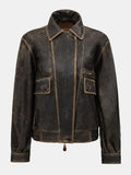 Faded Lambskin Bomber Jacket, Brown