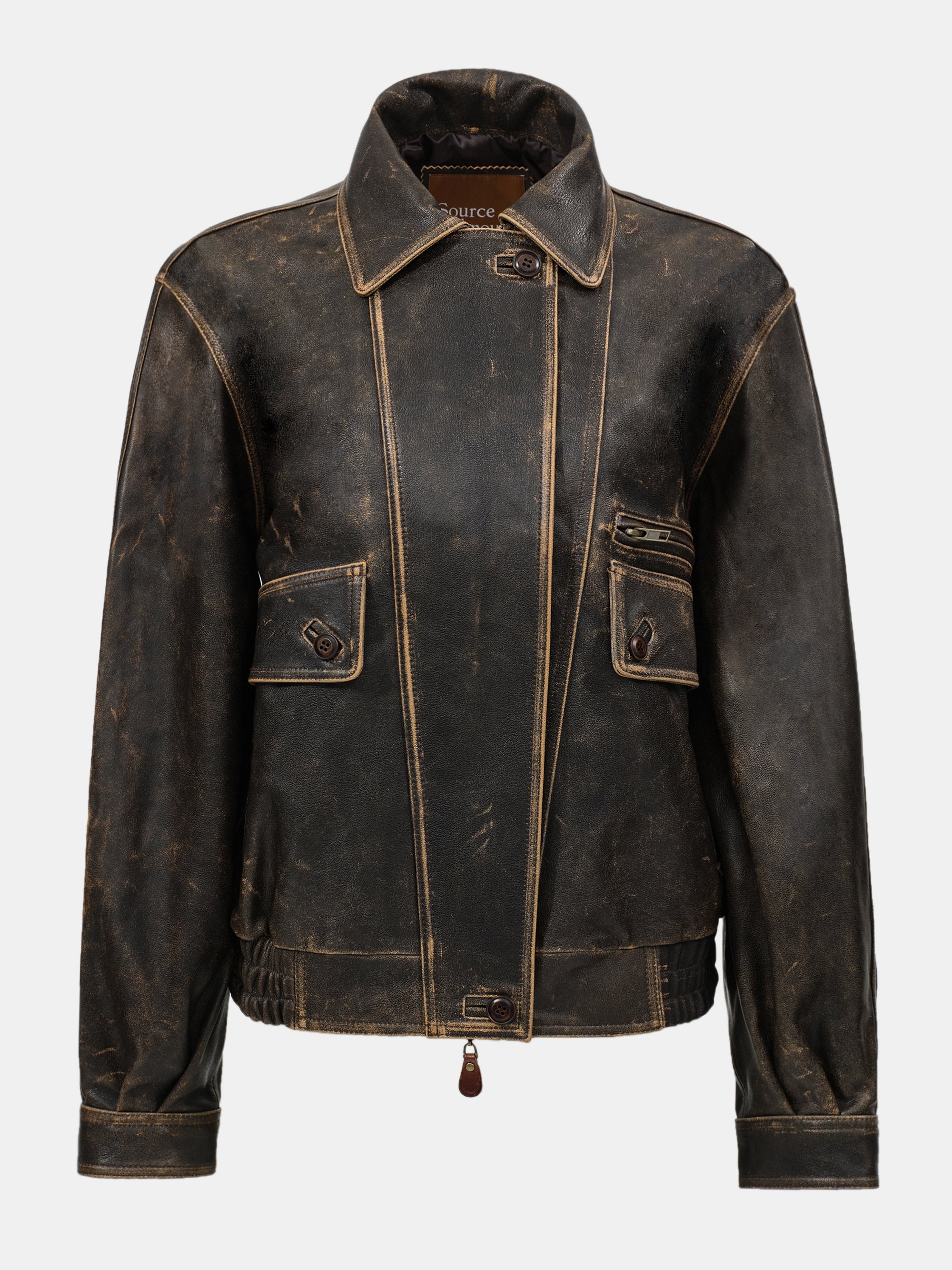 Faded Lambskin Bomber Jacket, Brown