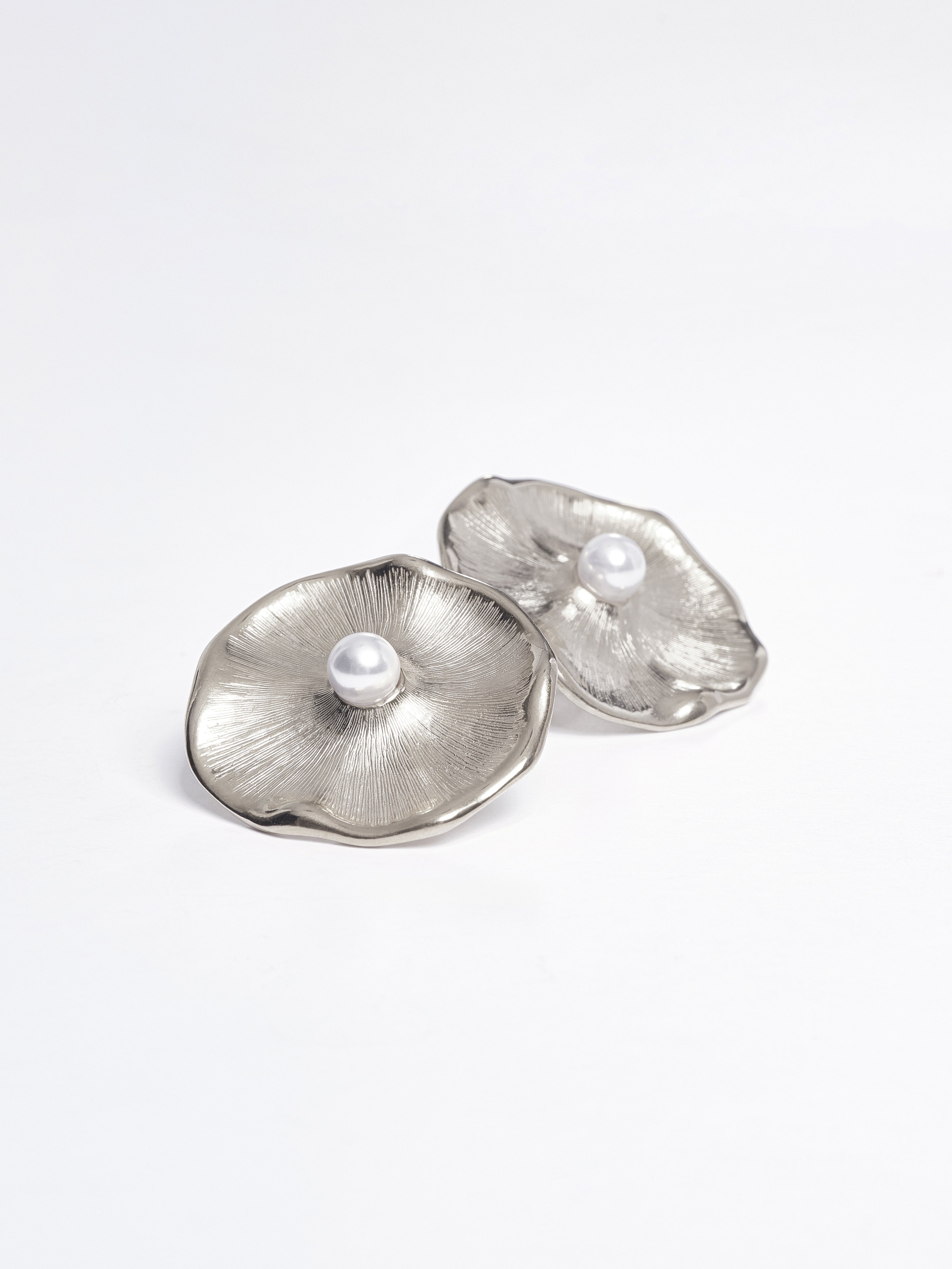 Textured Flower Motif Stud Earrings, Silver