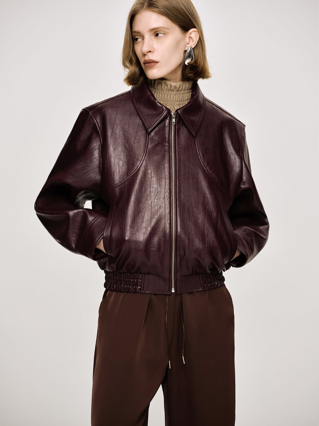 Faux-Leather Bomber Jacket, Mahogany