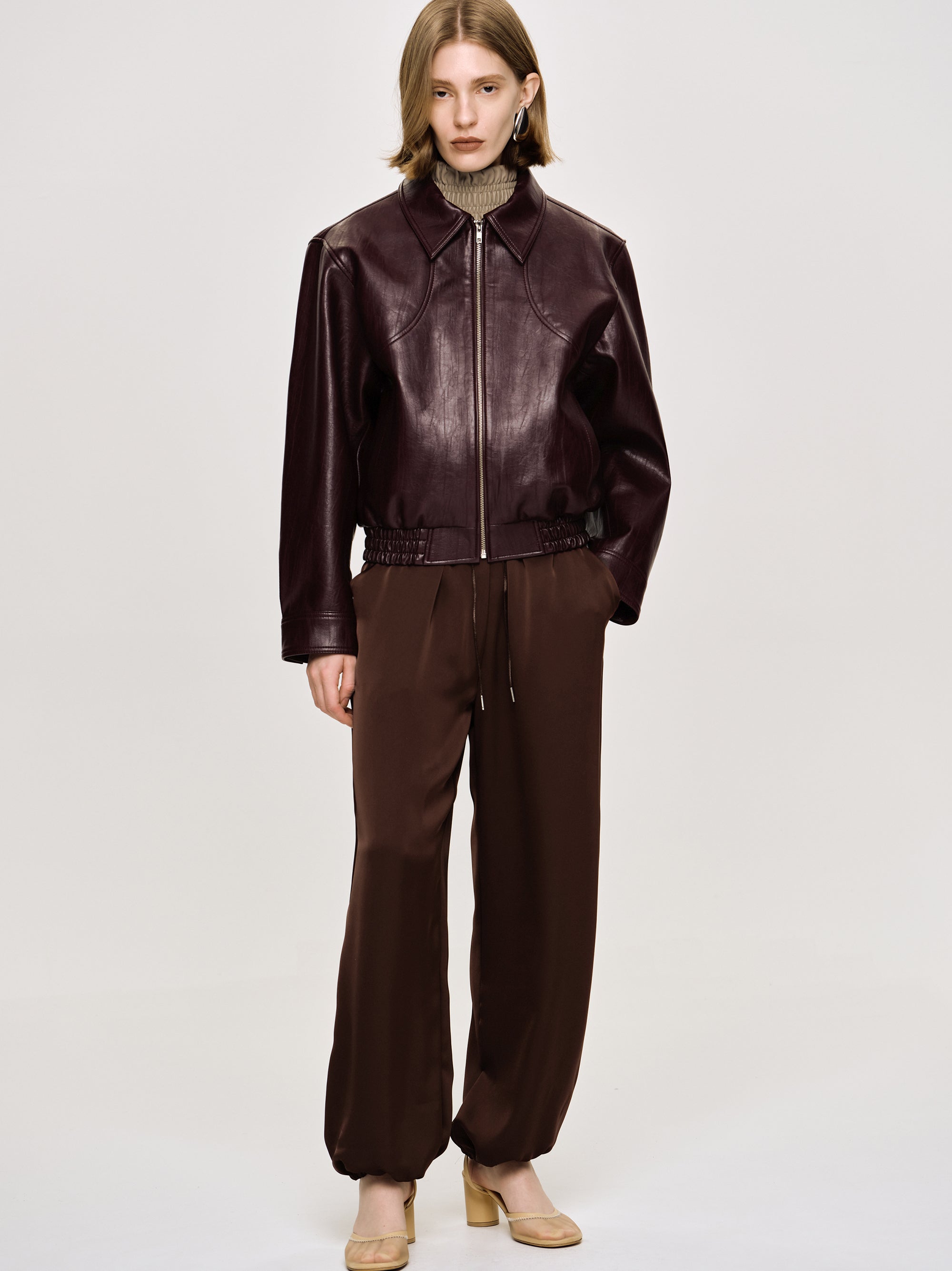 Faux-Leather Bomber Jacket, Mahogany