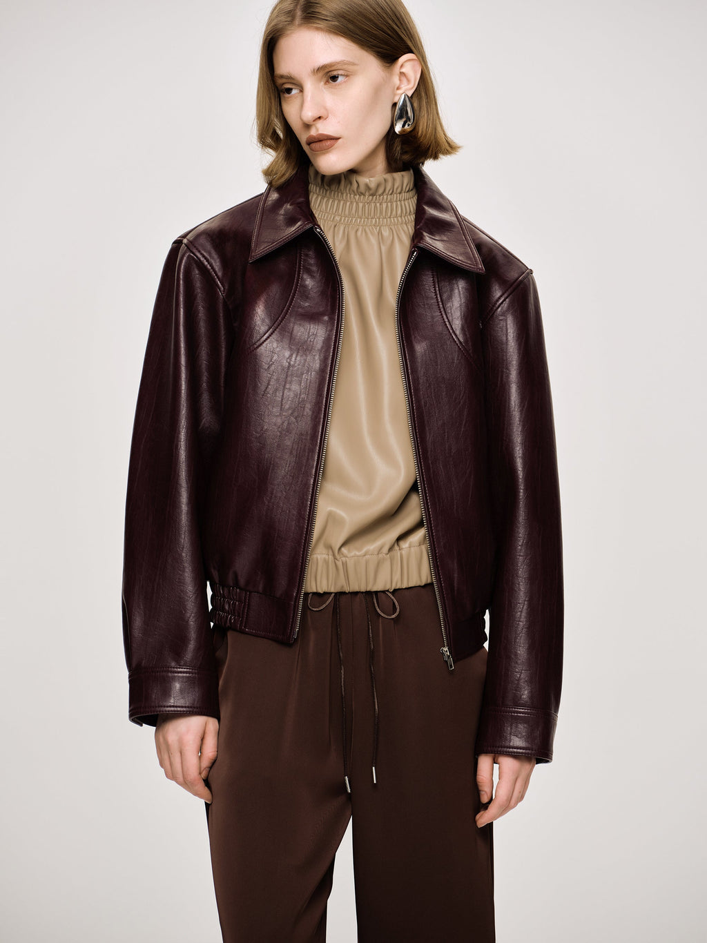 Faux-Leather Bomber Jacket, Mahogany