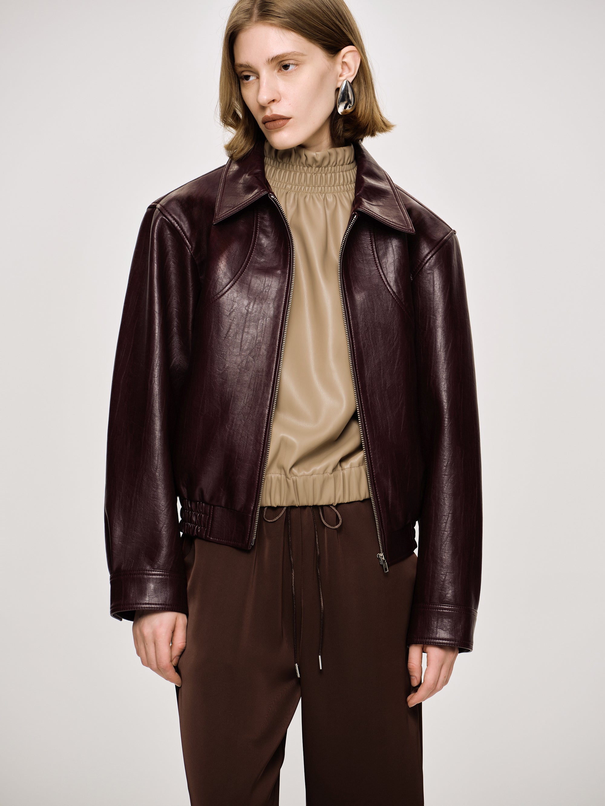 Faux-Leather Bomber Jacket, Mahogany