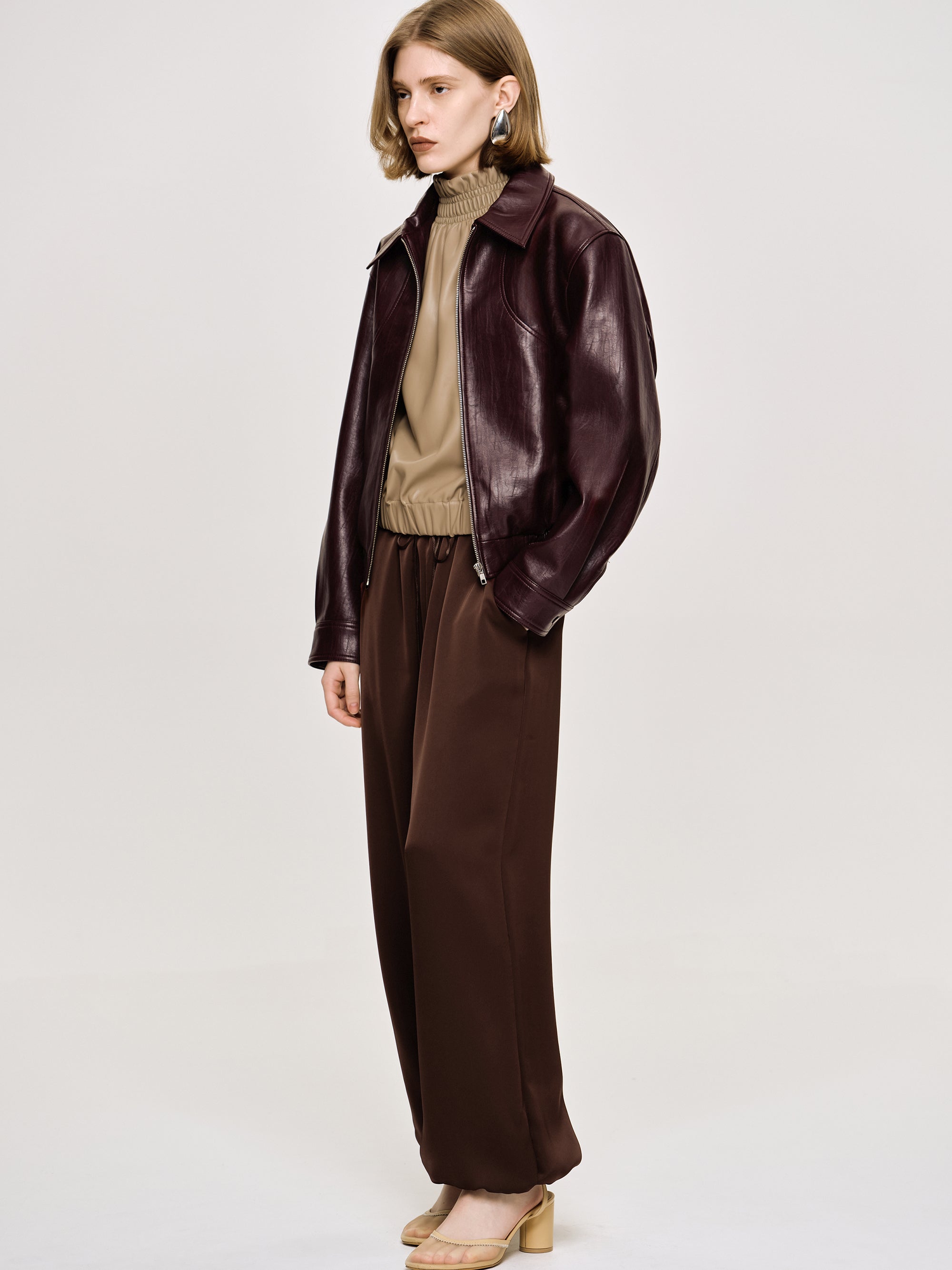 Faux-Leather Bomber Jacket, Mahogany