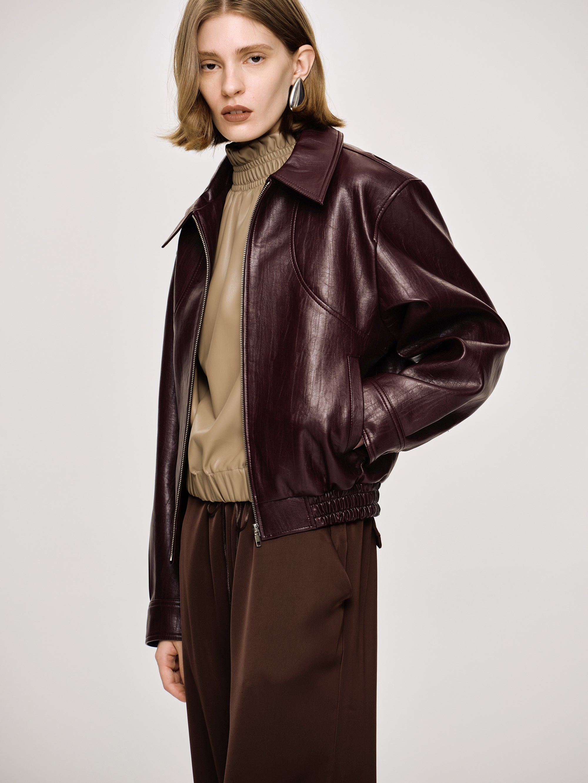 Faux-Leather Bomber Jacket, Mahogany