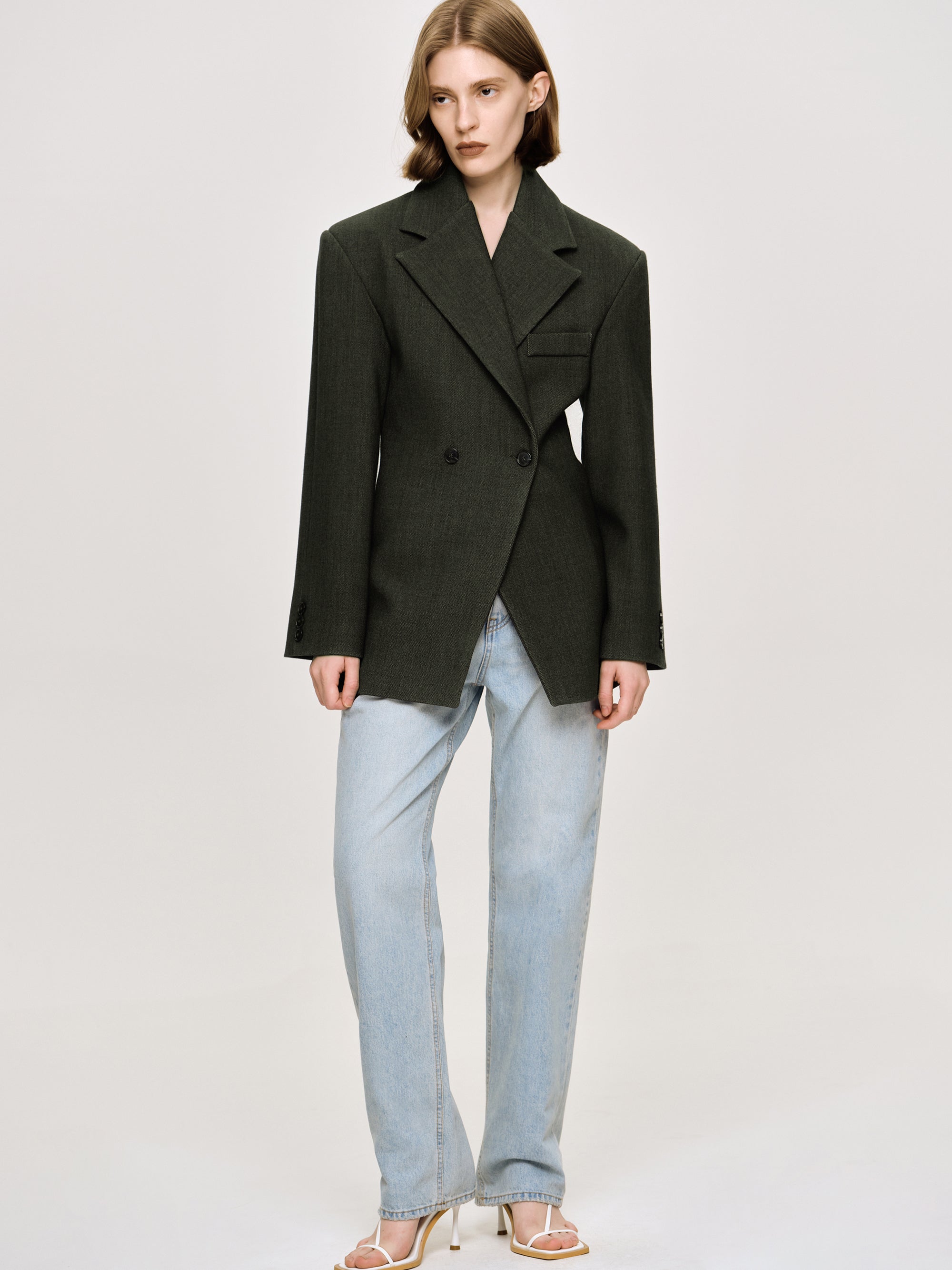 Double Breasted Cinched Blazer, Charcoal Grey