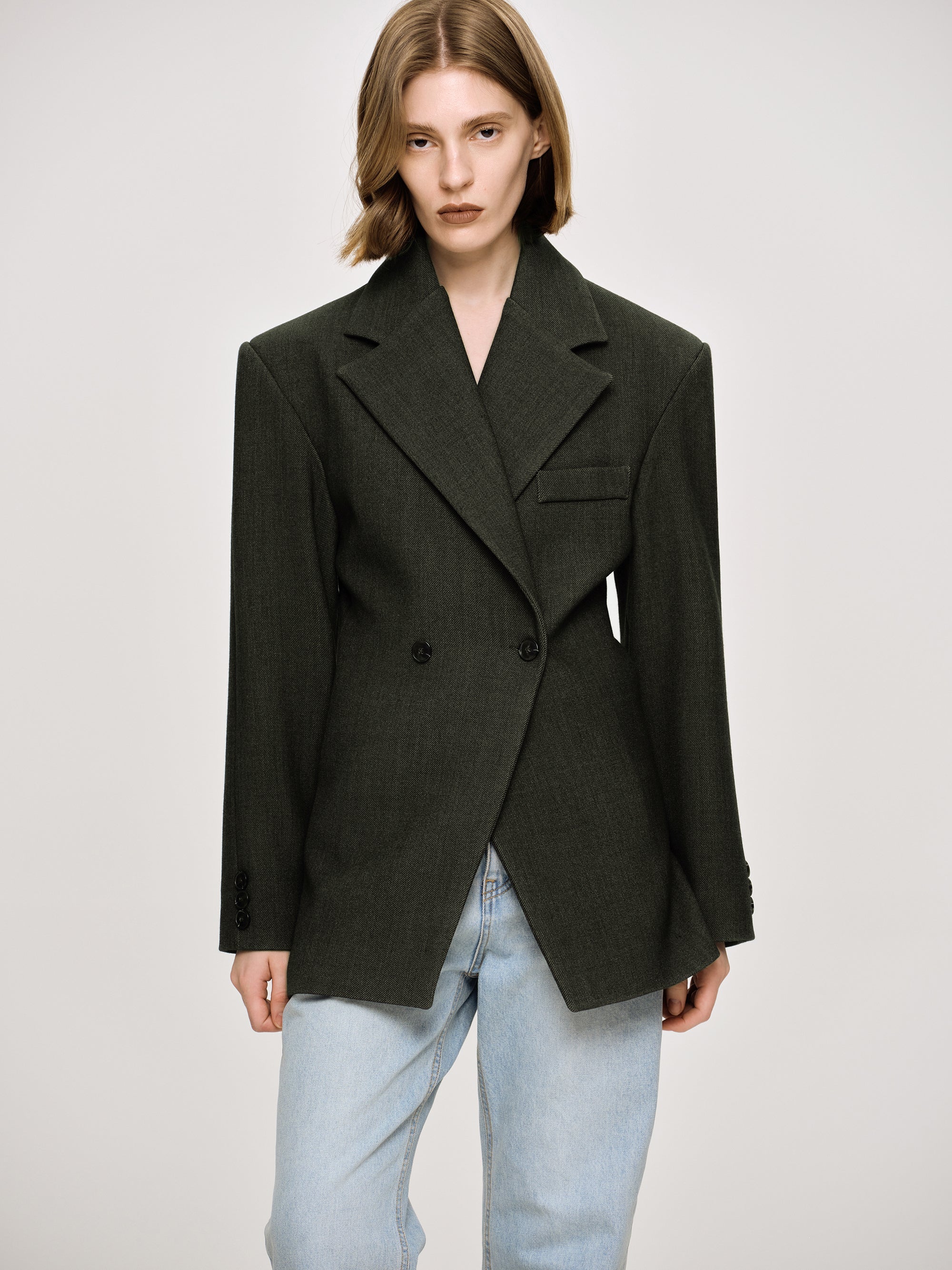 Double Breasted Cinched Blazer, Charcoal Grey