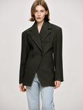 Double Breasted Cinched Blazer, Charcoal Grey