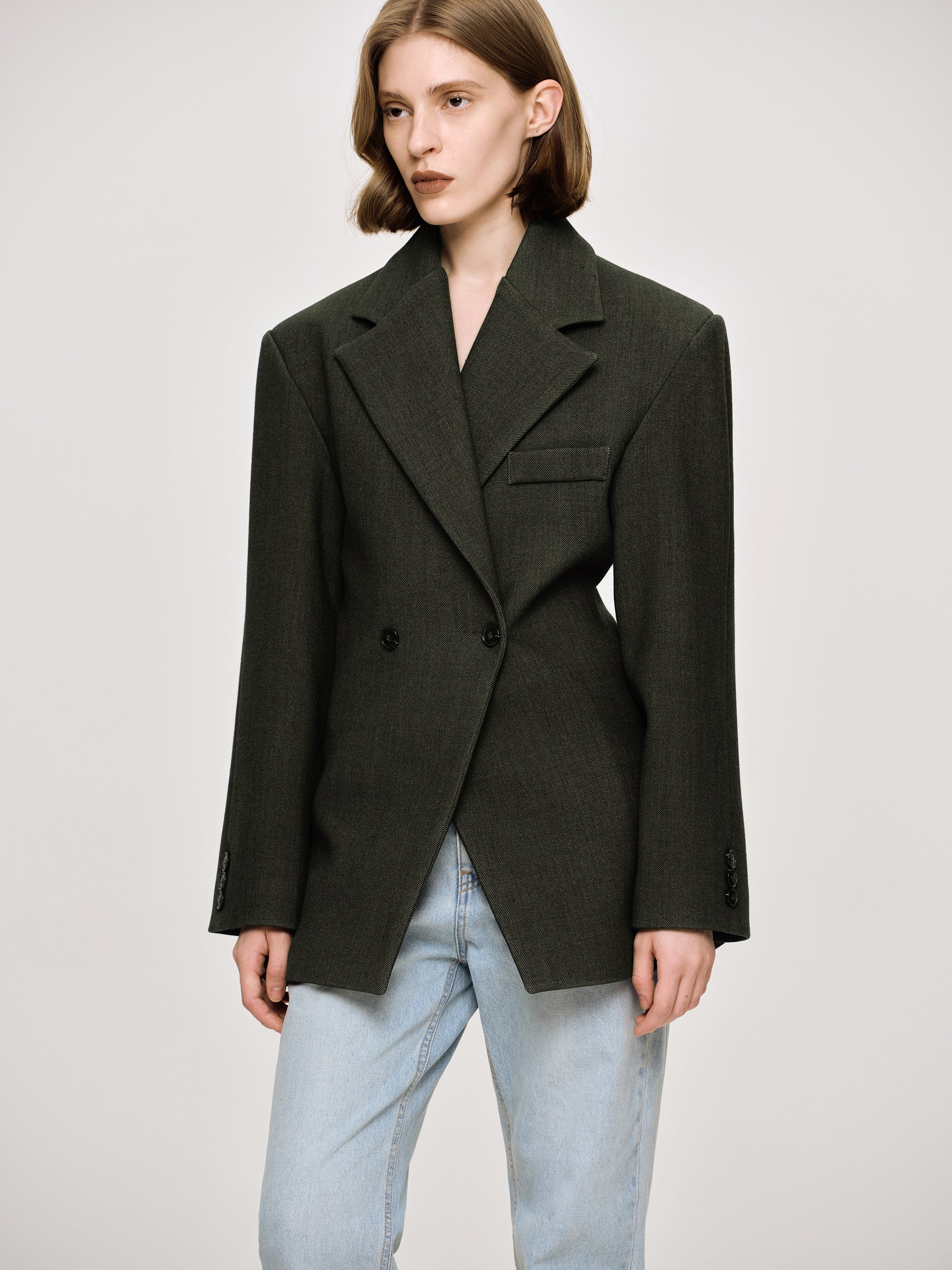 Double Breasted Cinched Blazer, Charcoal Grey