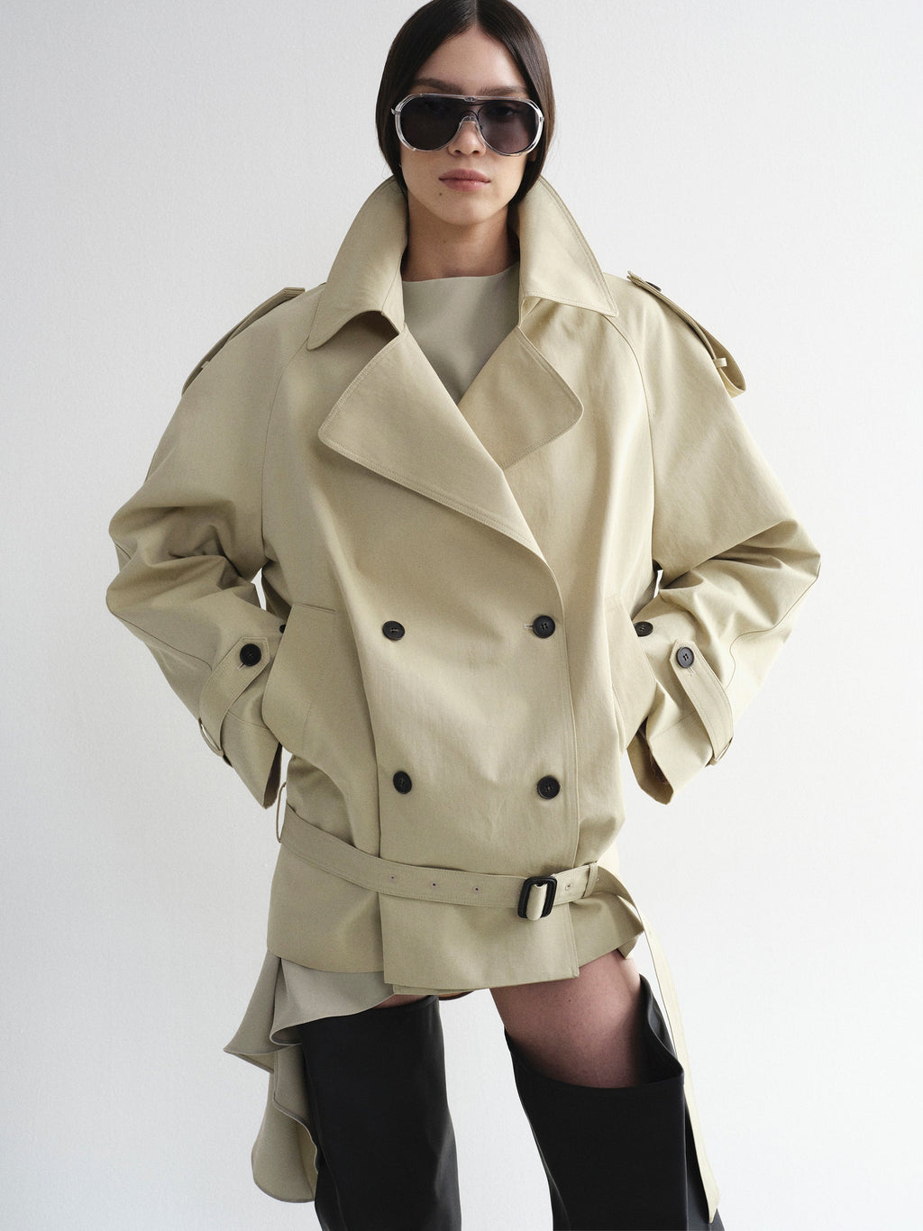 Double-Breasted Short Trench, Beige