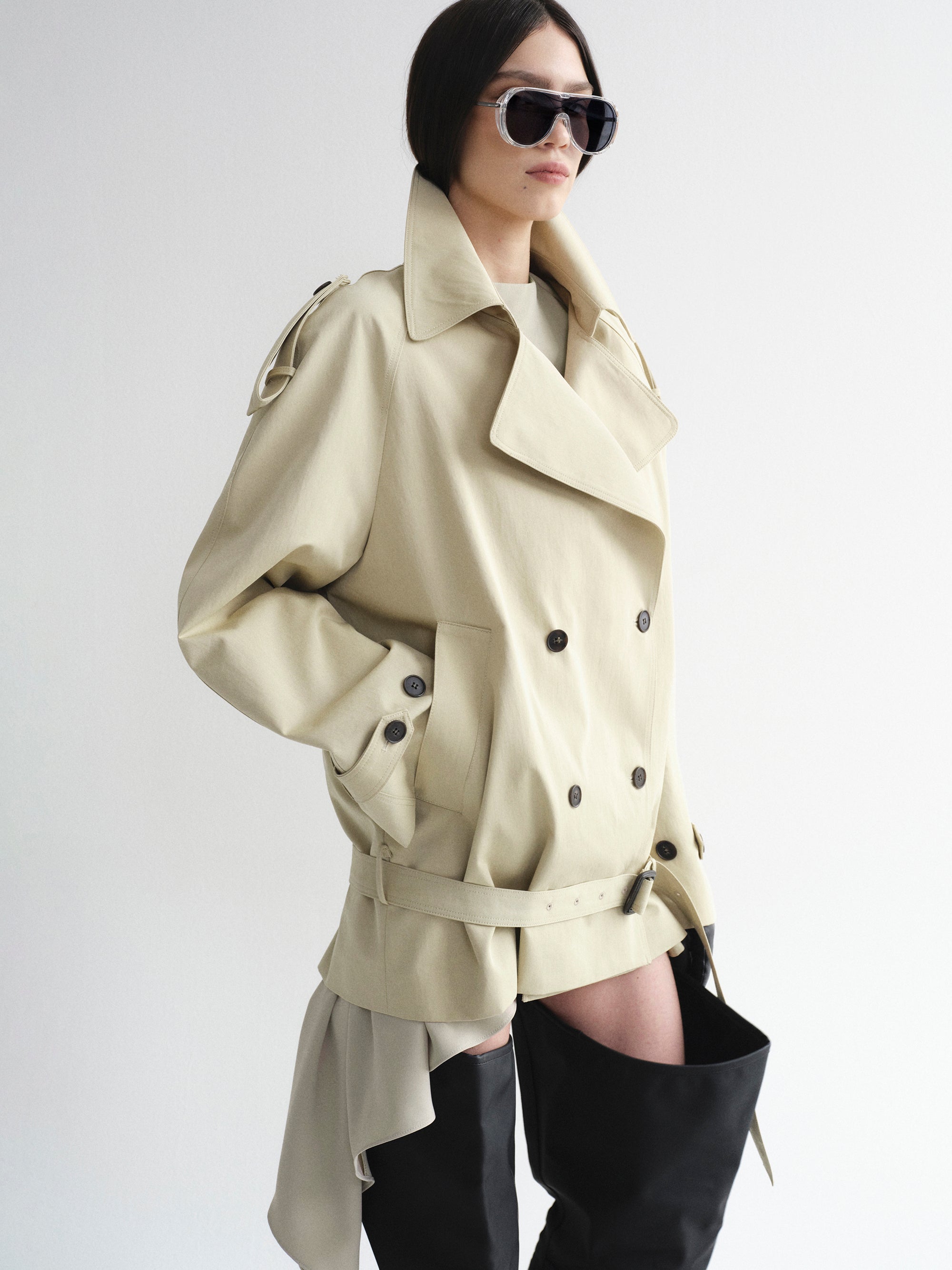 Double-Breasted Short Trench, Beige