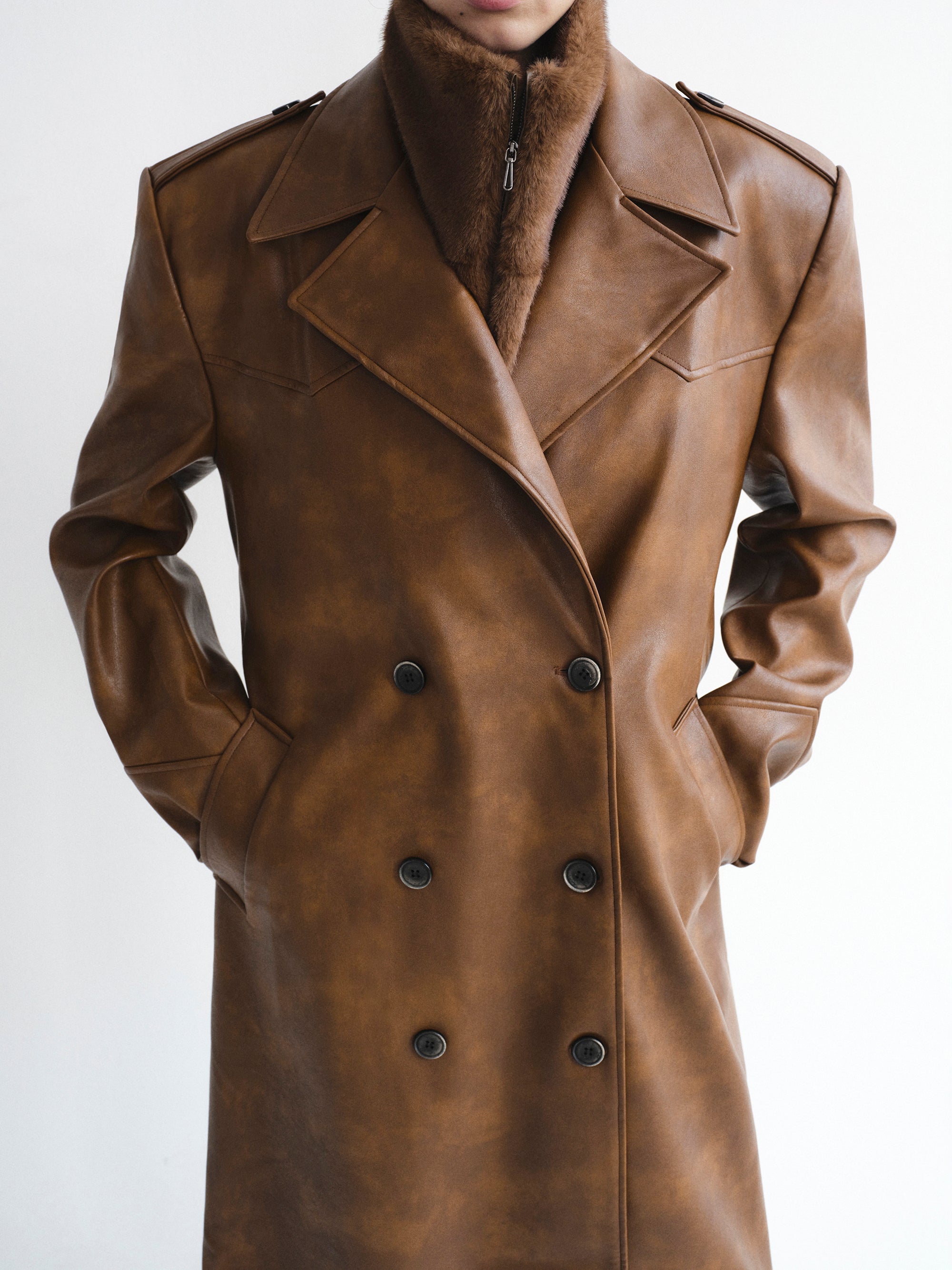 Faux-Leather Trench Coat, Tawny