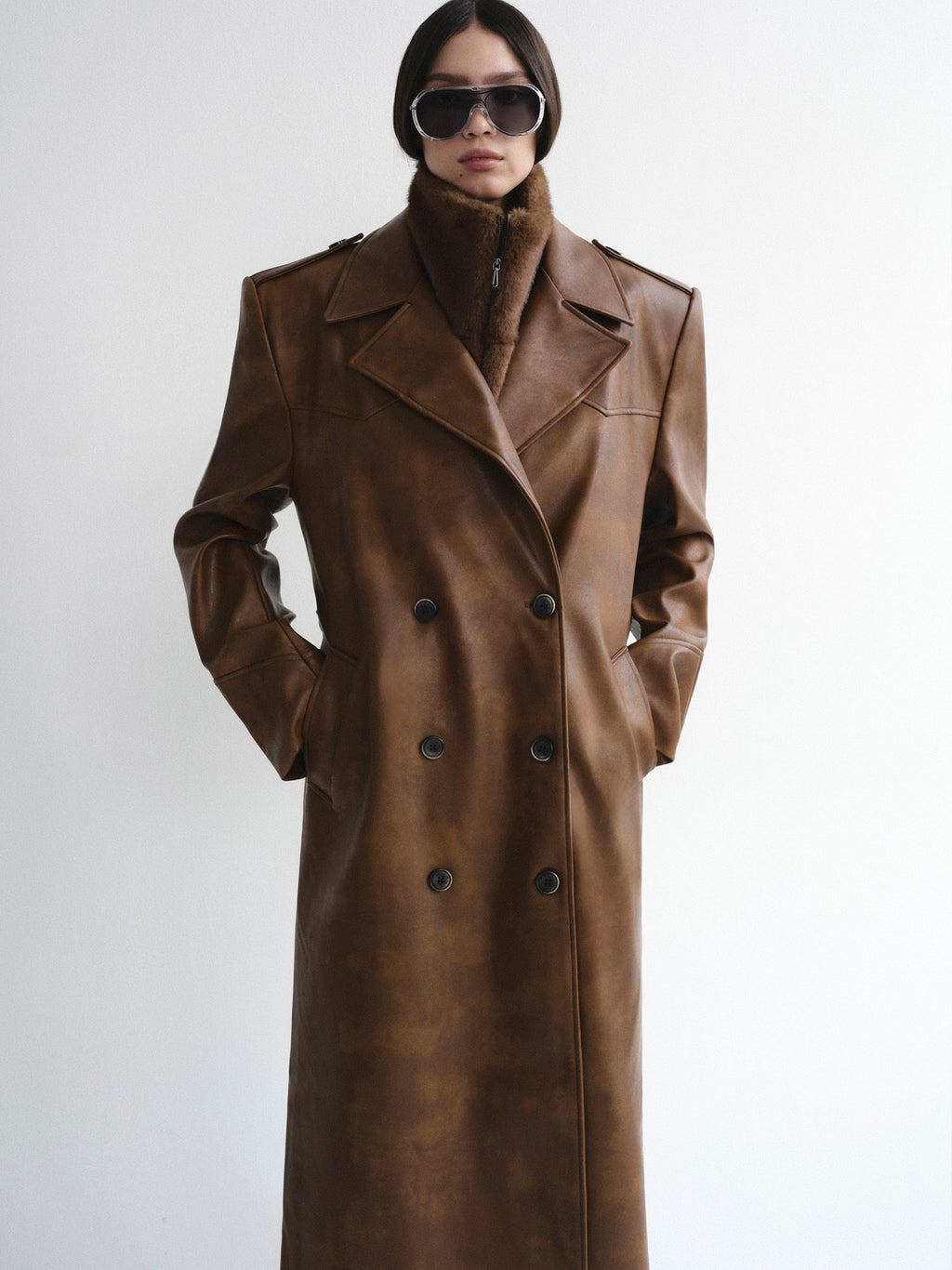 Faux-Leather Trench Coat, Tawny