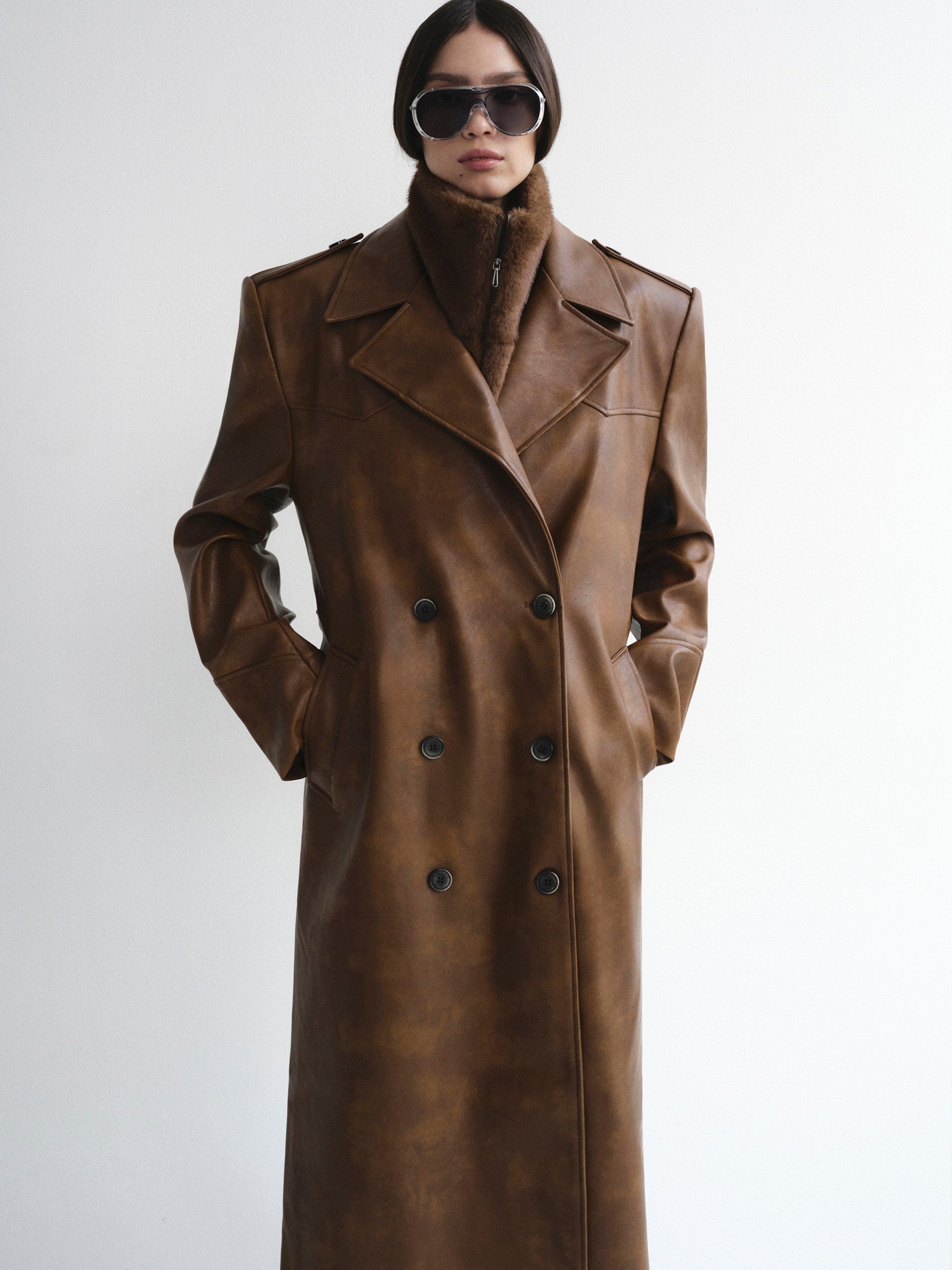 Faux-Leather Trench Coat, Tawny
