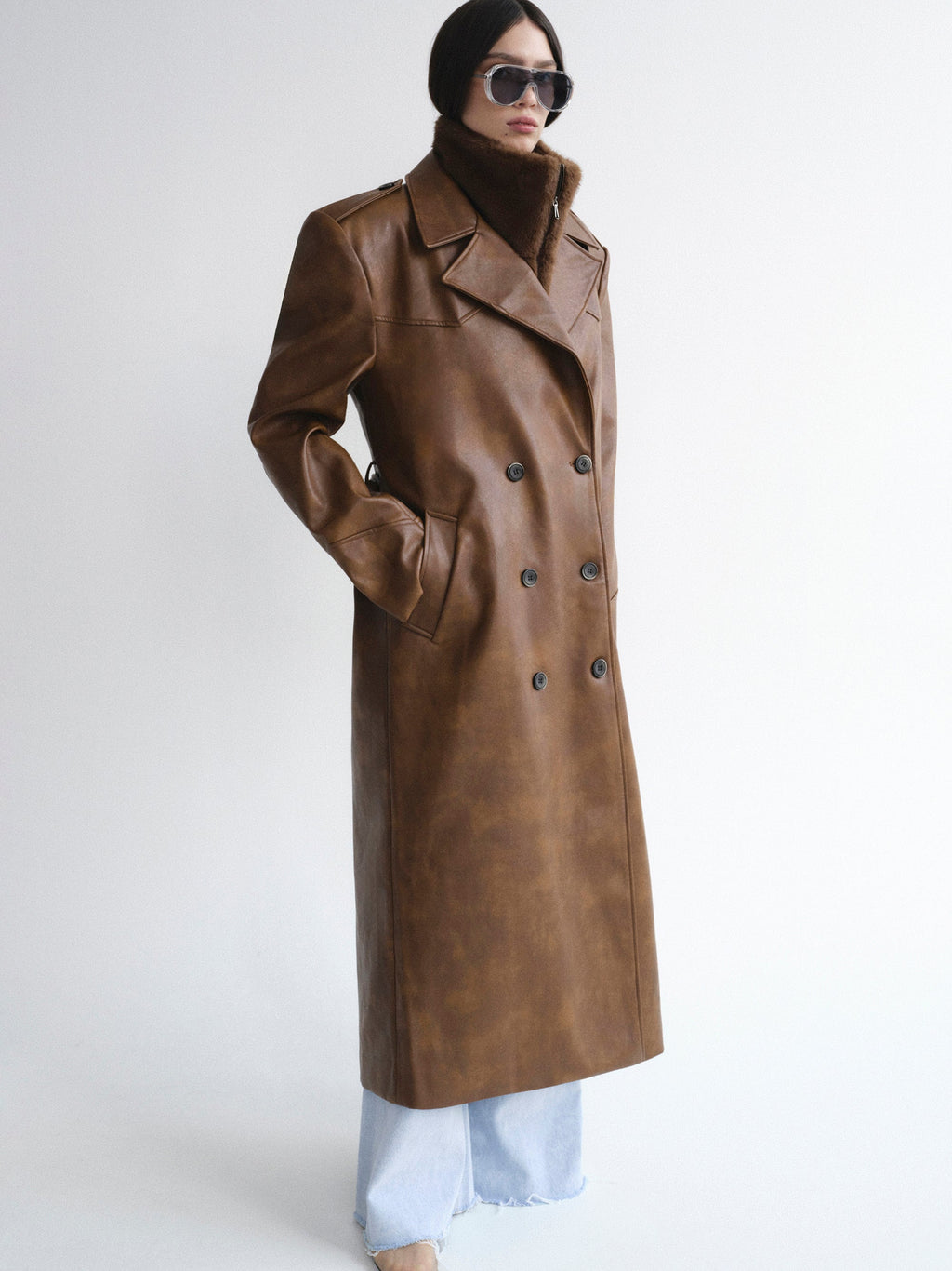 Faux-Leather Trench Coat, Tawny