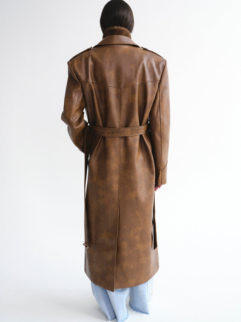 Faux-Leather Trench Coat, Tawny