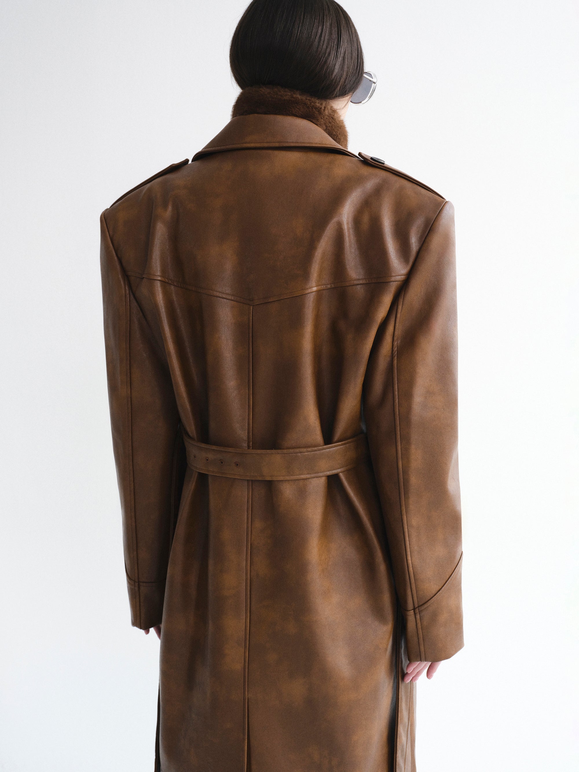 Faux-Leather Trench Coat, Tawny