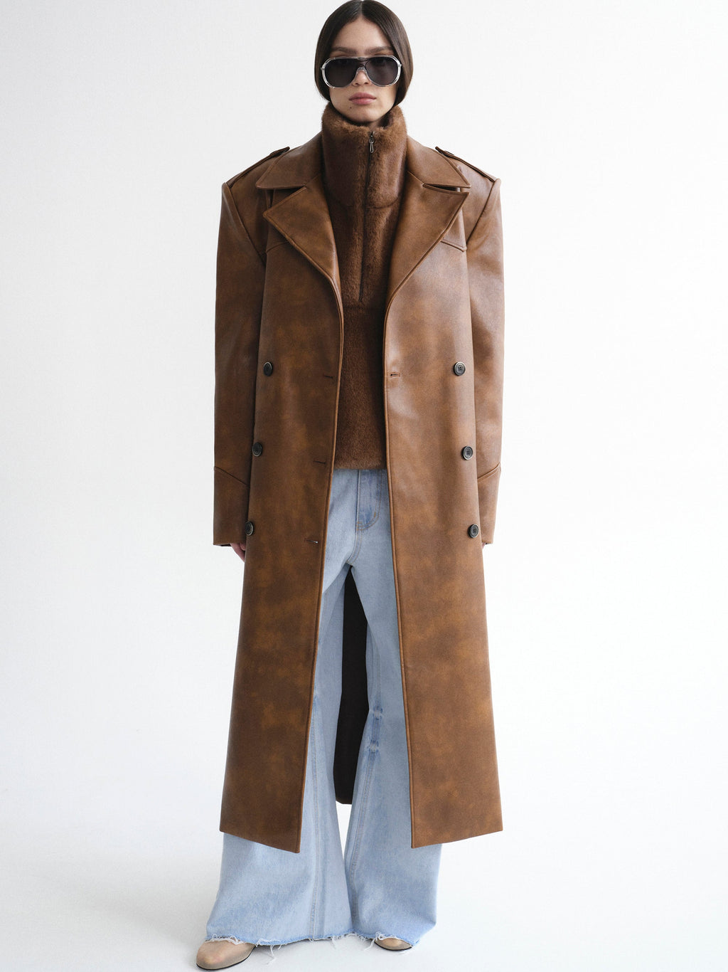 Faux-Leather Trench Coat, Tawny