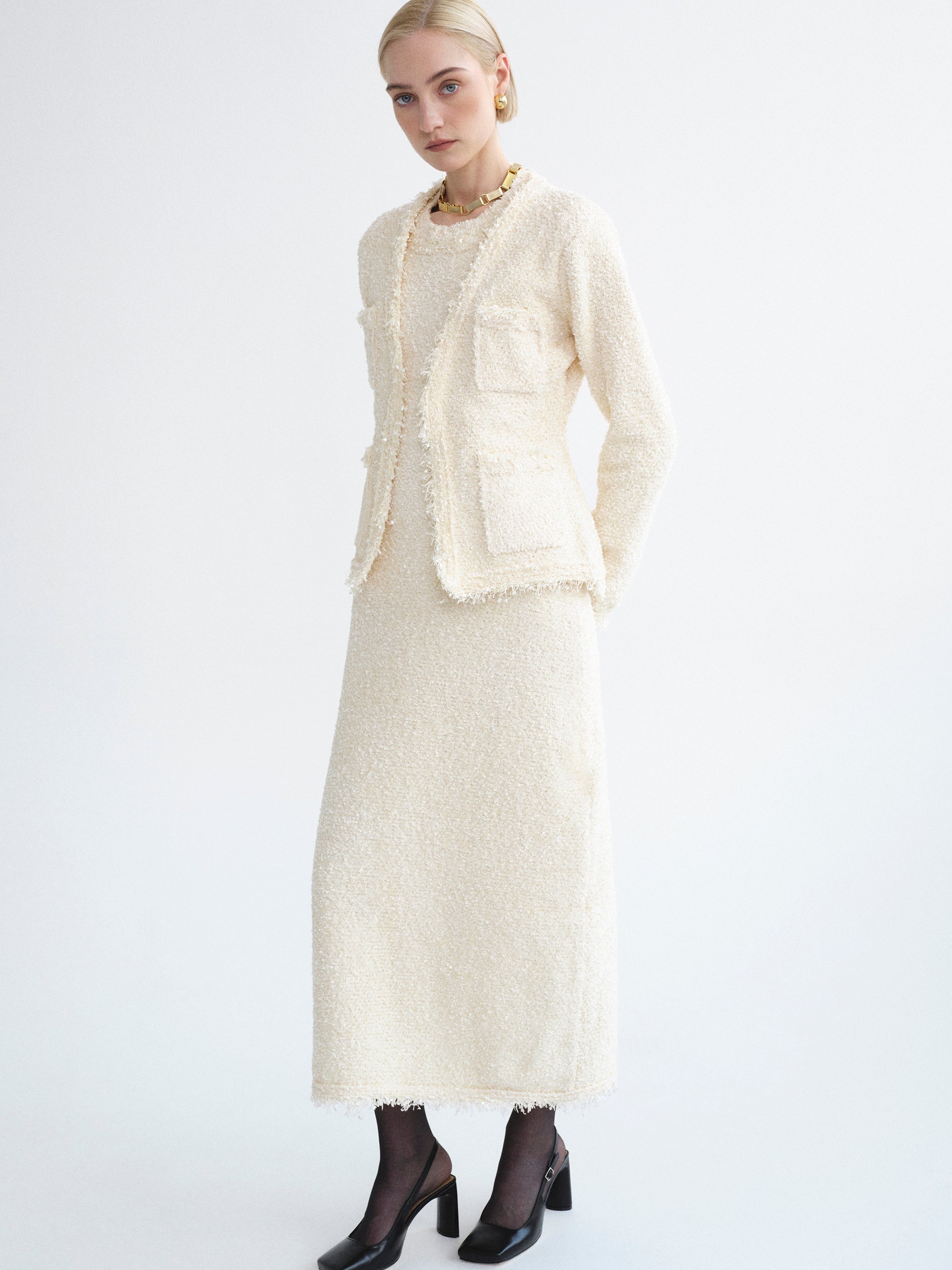Cinched Waist Tweed Cardigan, Eggnog