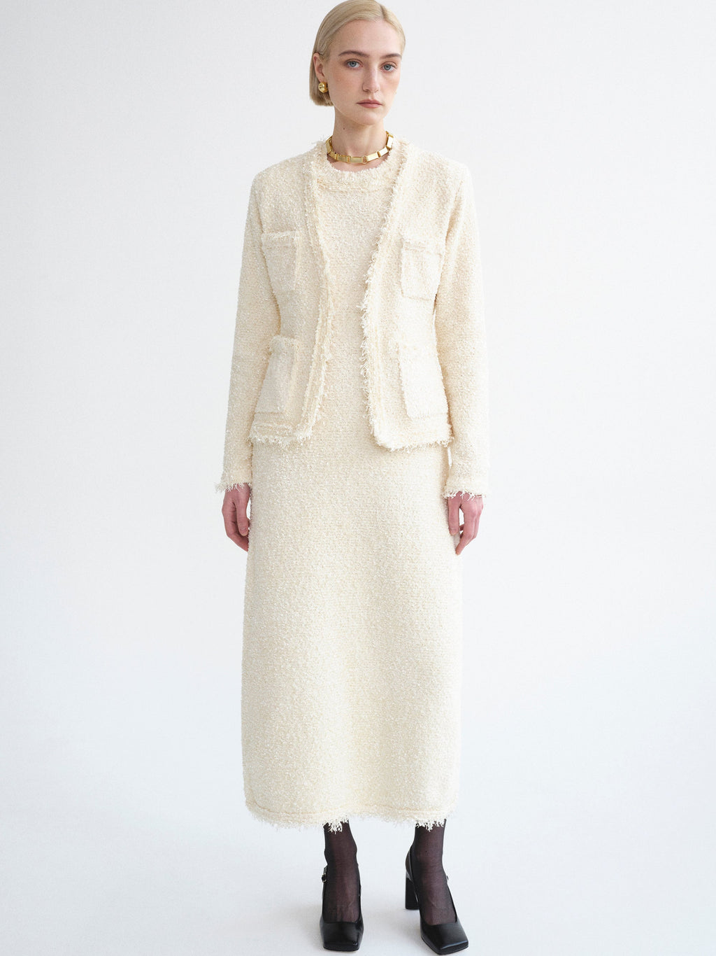 Cinched Waist Tweed Cardigan, Eggnog