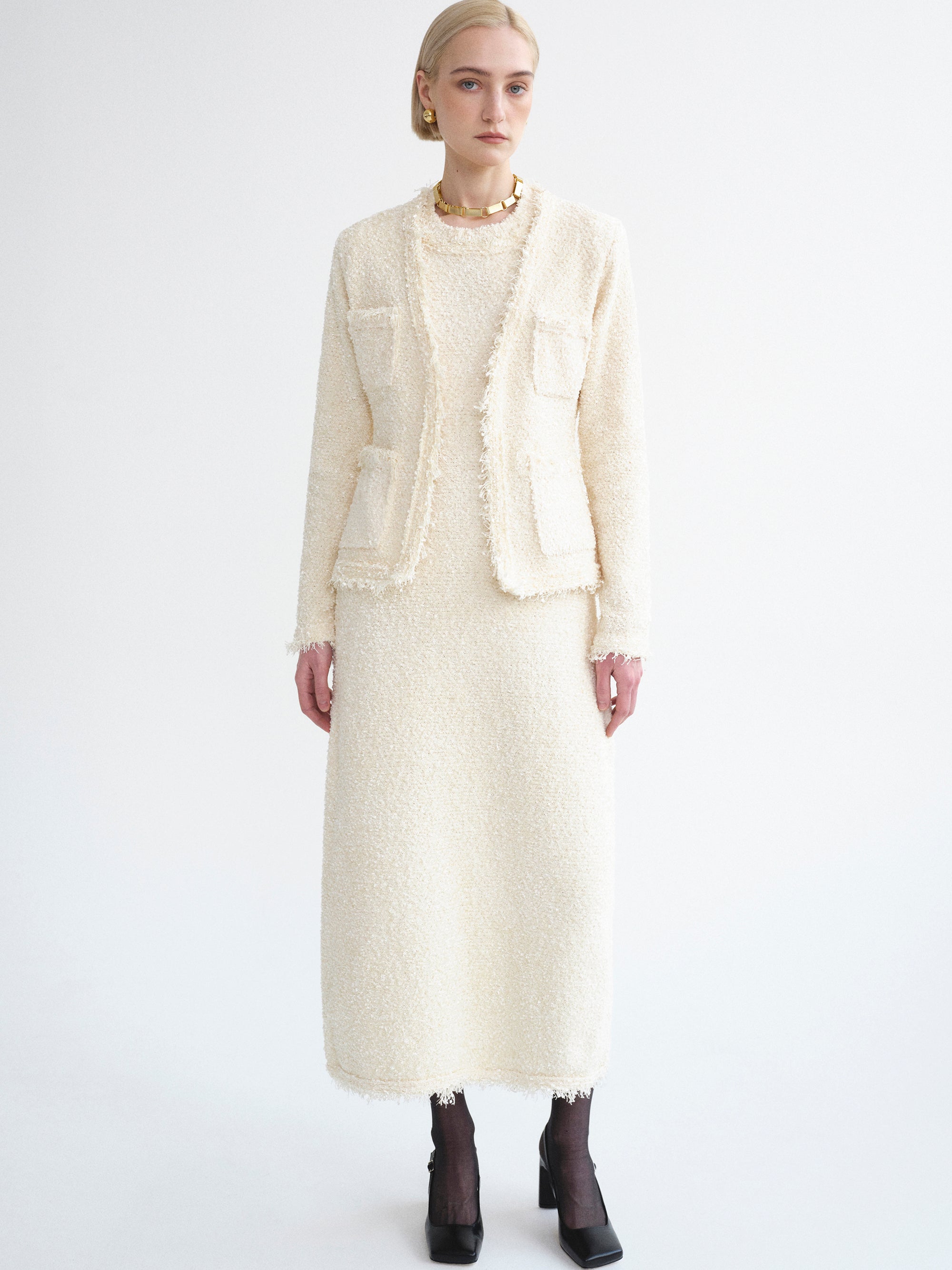 Cinched Waist Tweed Cardigan, Eggnog