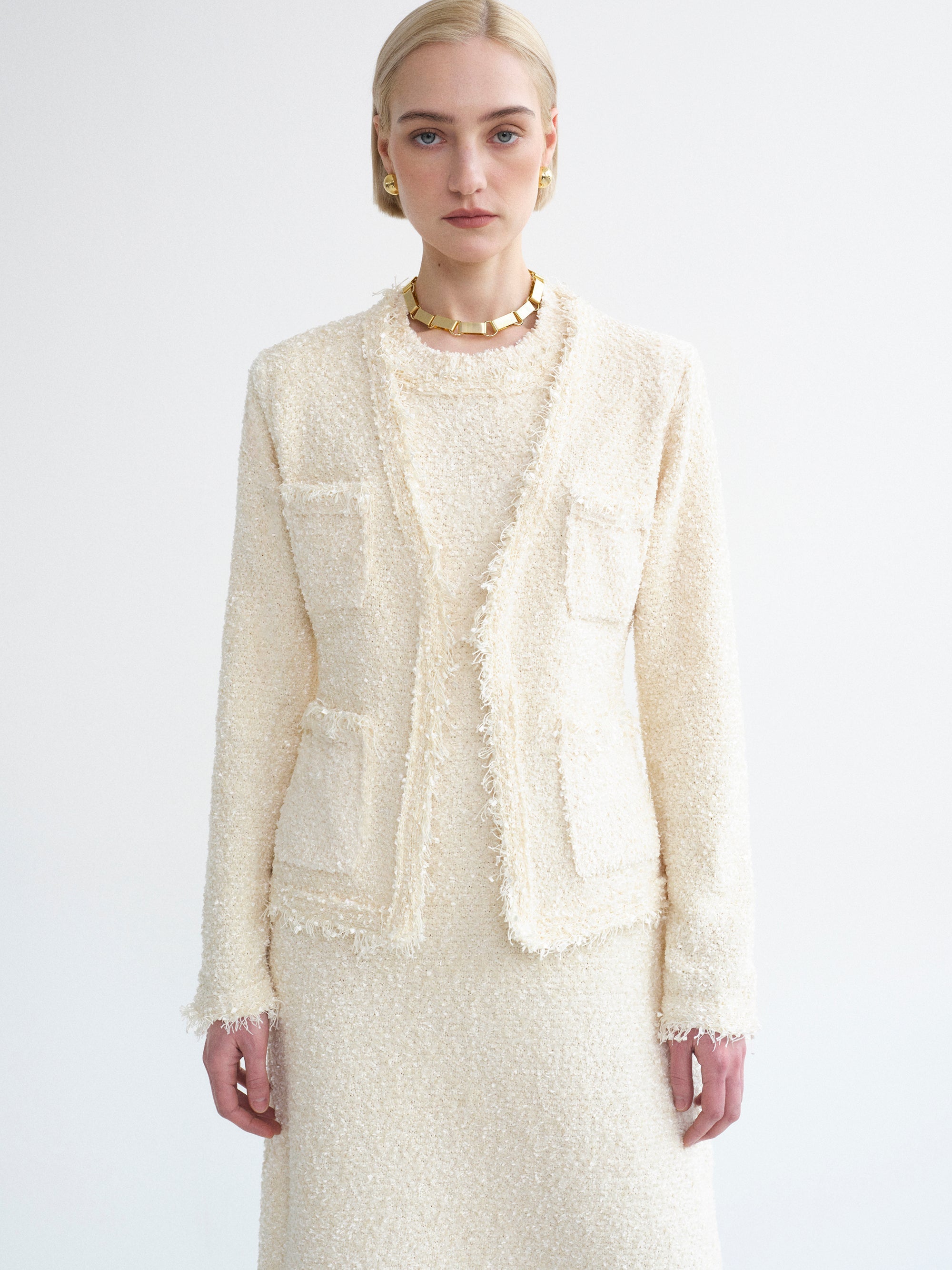 Cinched Waist Tweed Cardigan, Eggnog