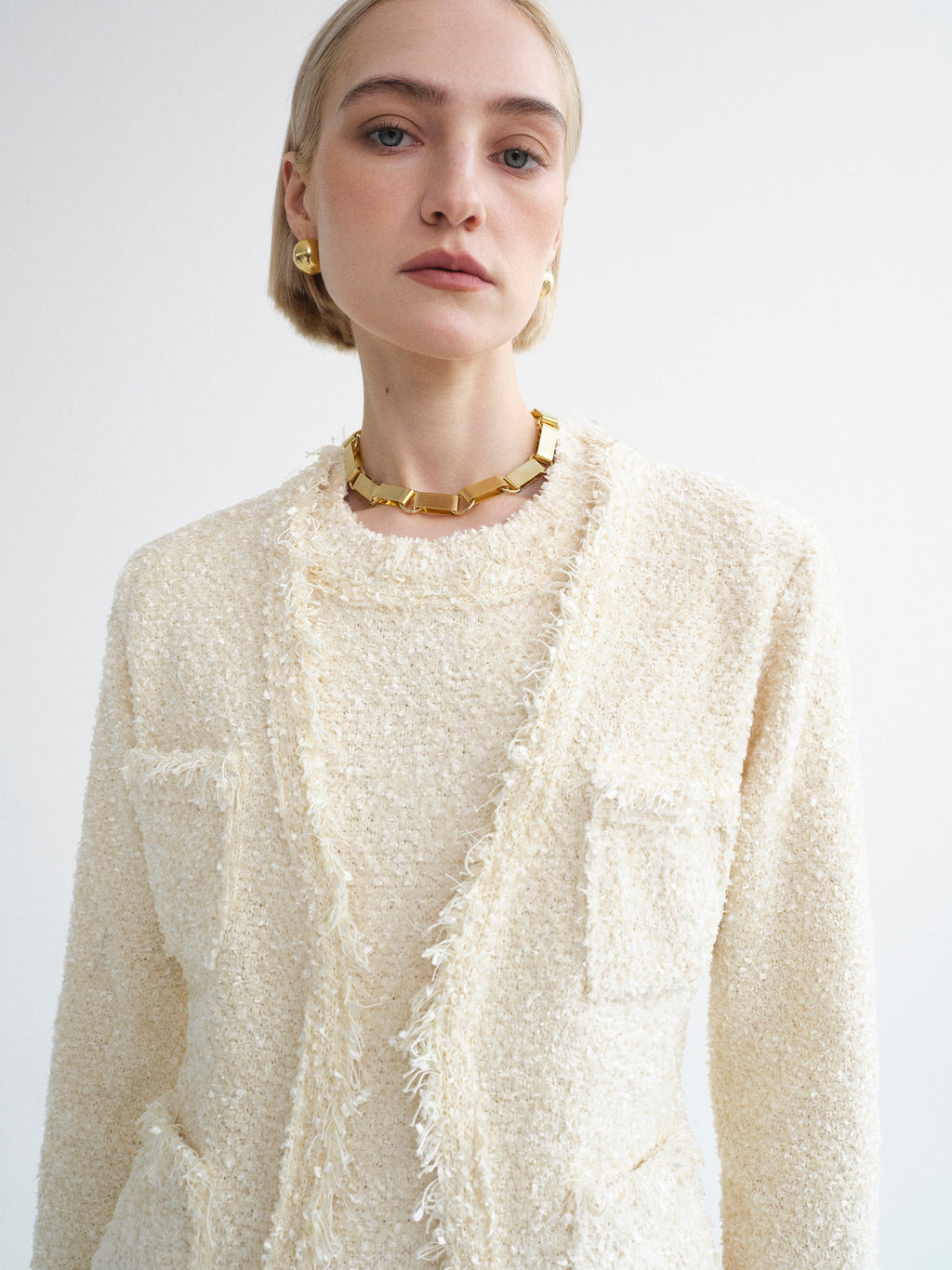 Cinched Waist Tweed Cardigan, Eggnog